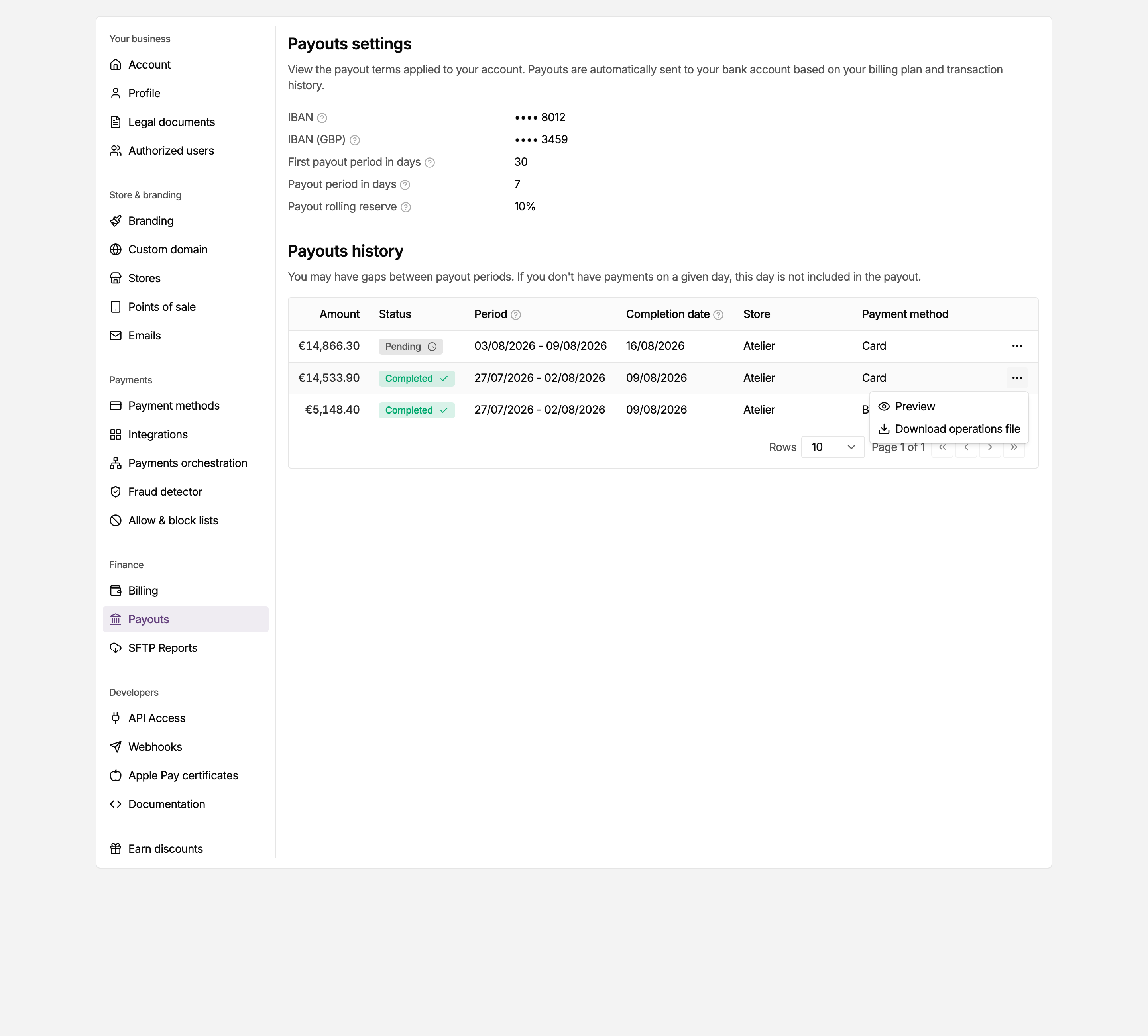 Actions menu of a completed payout in the MONEI Dashboard, open over the payouts history with Preview above Download operations file