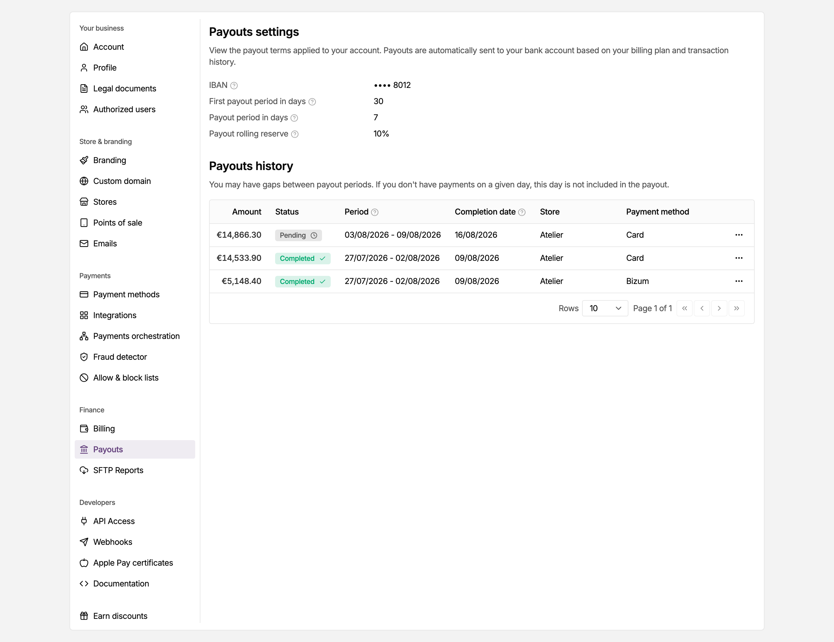 Payouts page in the MONEI Dashboard settings, with your bank account and your payout schedule
