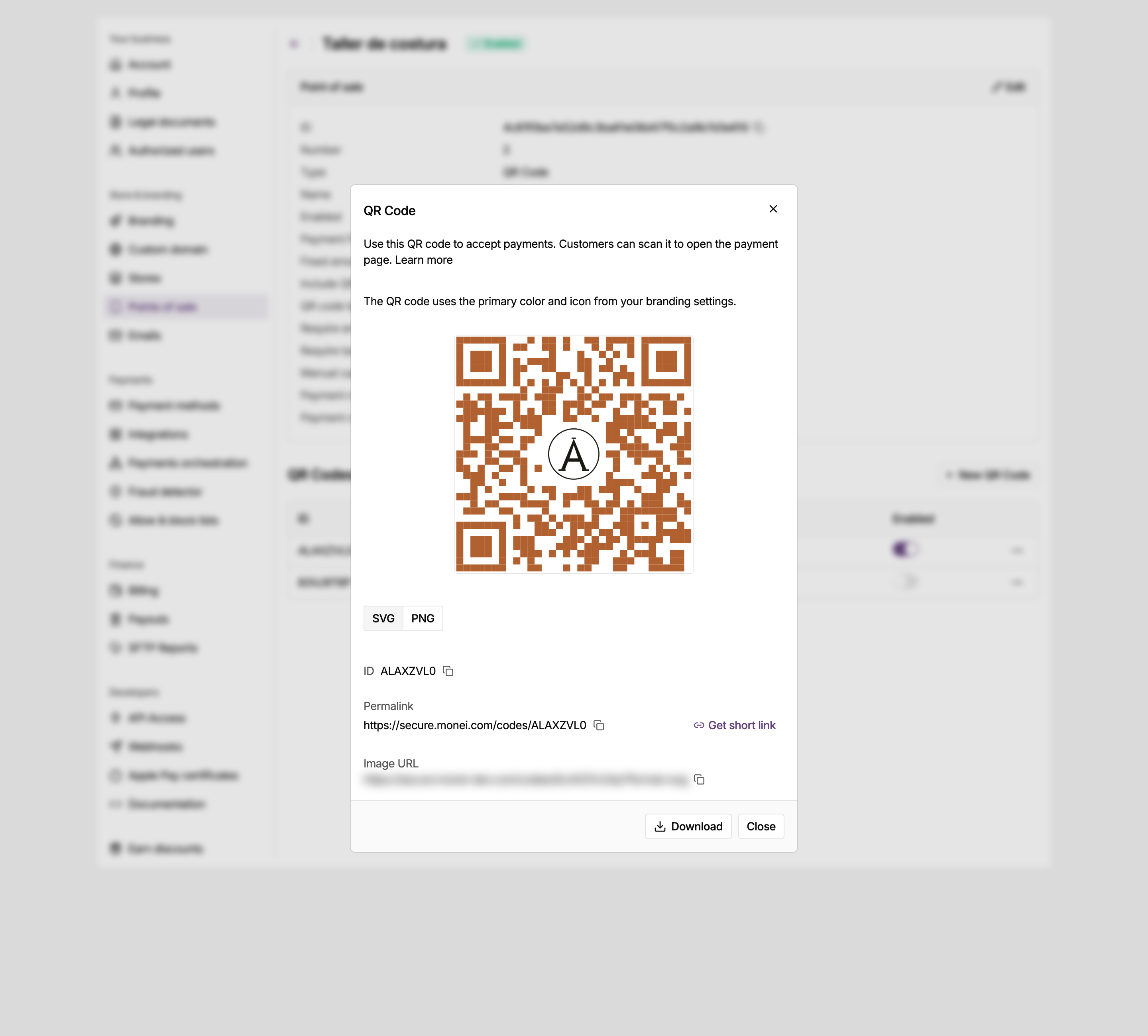QR code dialog in the MONEI Dashboard, with the code image, the SVG and PNG download formats, the code ID and its permanent payment link