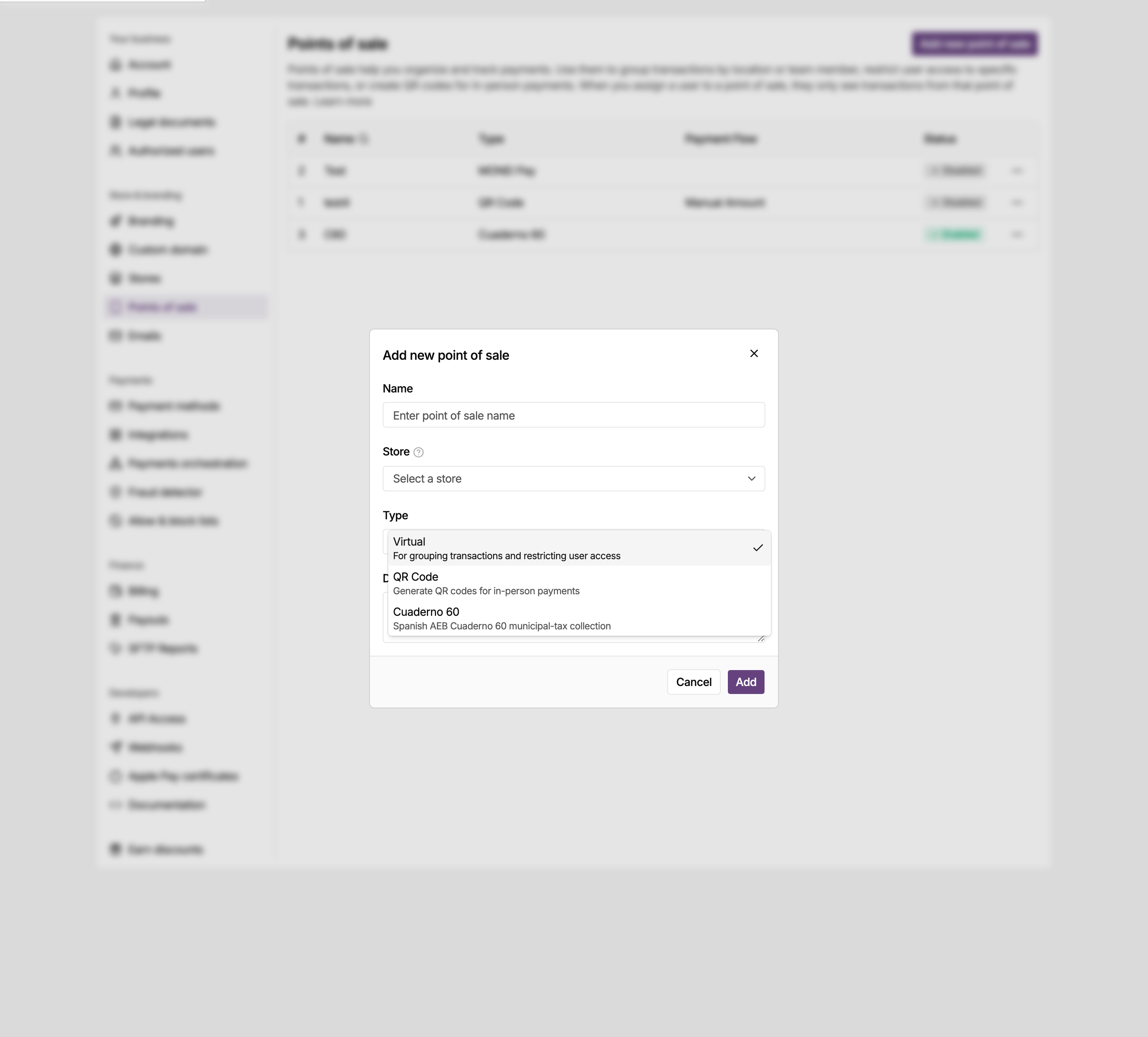 Add new point of sale dialog in the MONEI Dashboard with the Type list open on Cuaderno 60