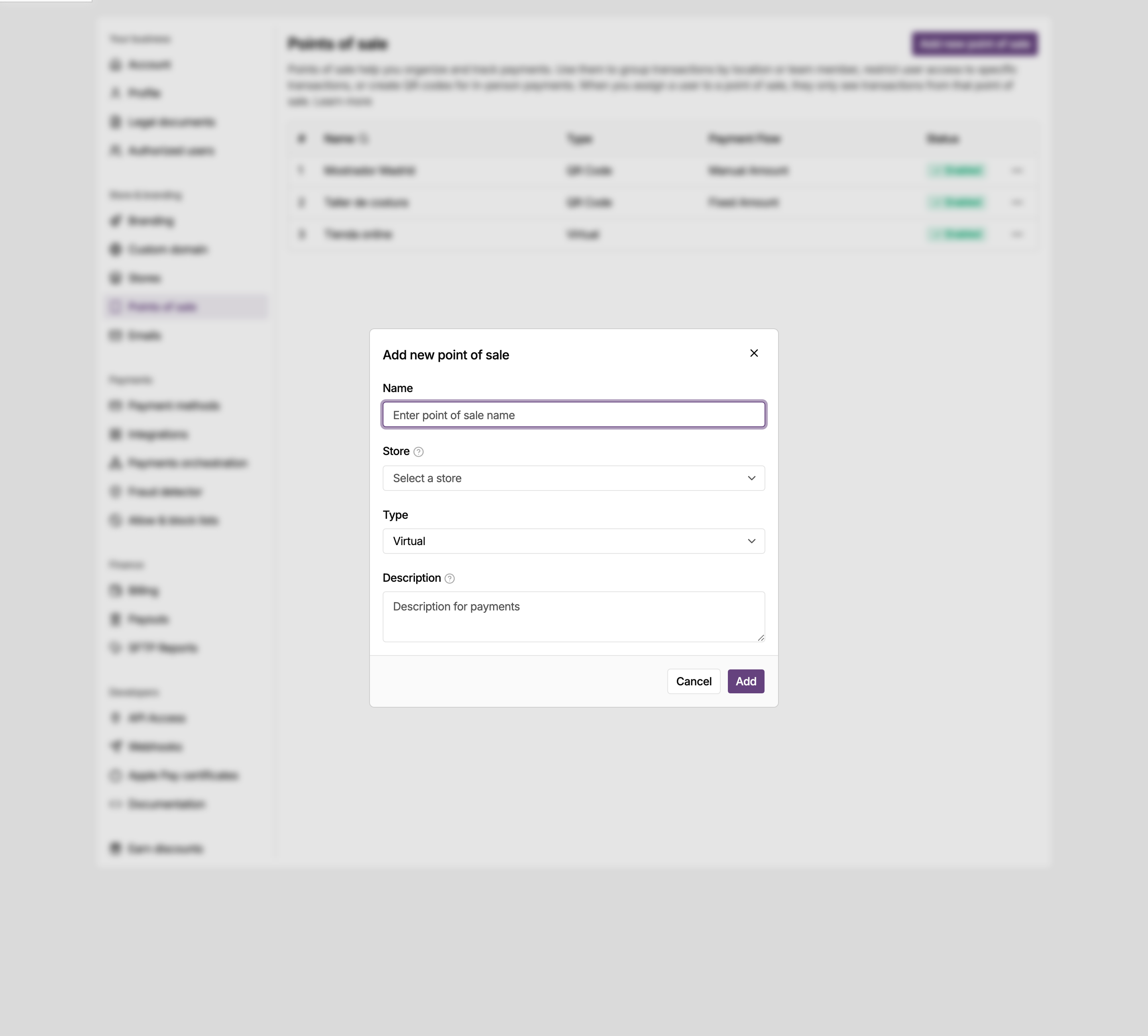 Add new point of sale dialog in the MONEI Dashboard settings