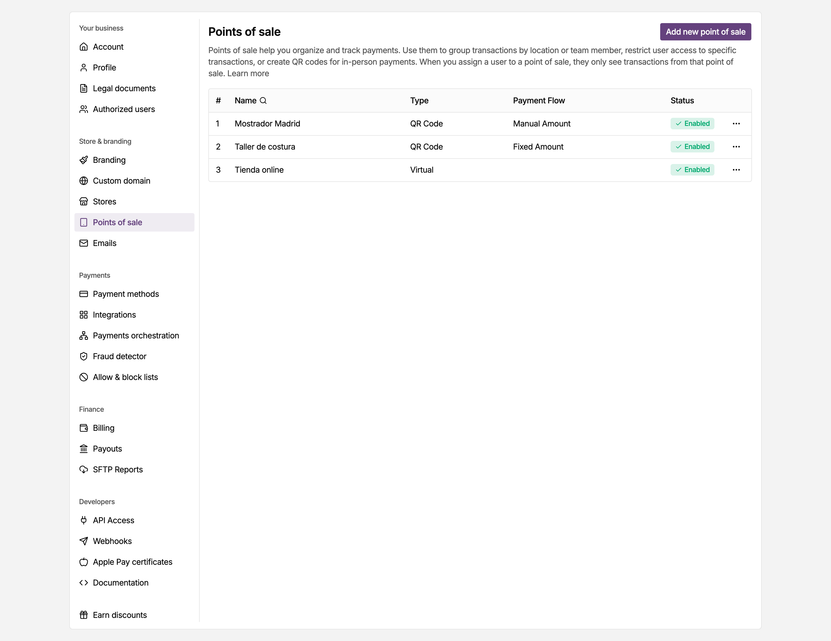 Points of sale page in the MONEI Dashboard settings, listing the points of sale on your account