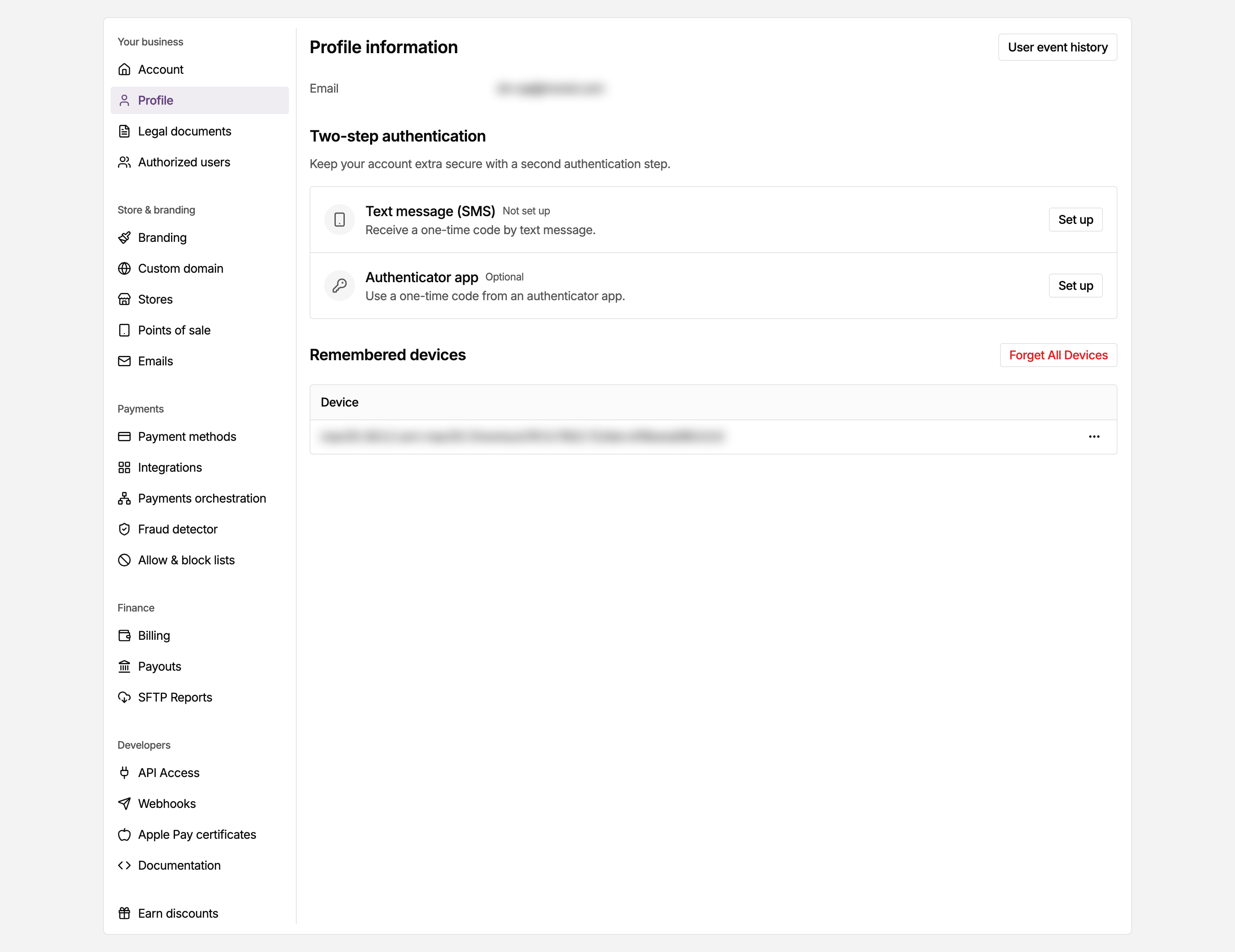 Profile page in the MONEI Dashboard settings, where you manage your own user details
