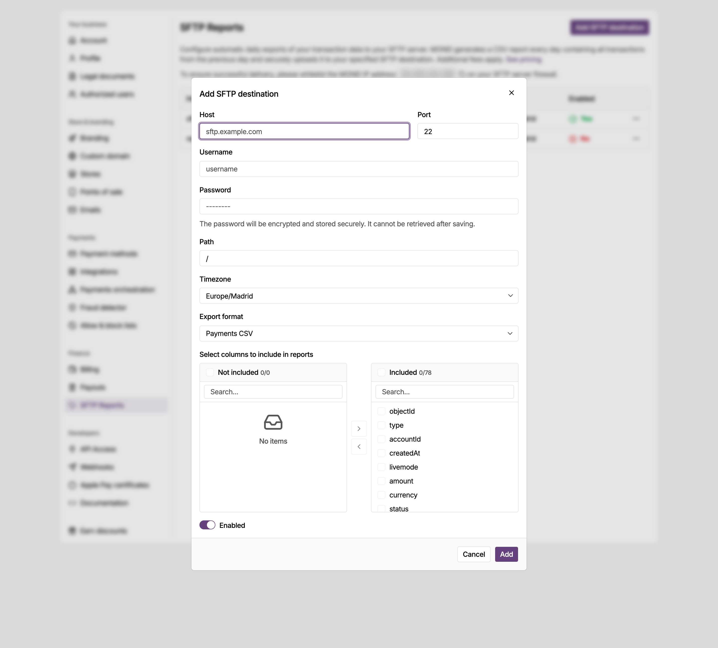 Add SFTP destination dialog in the MONEI Dashboard settings, with the host, the credentials and the report options