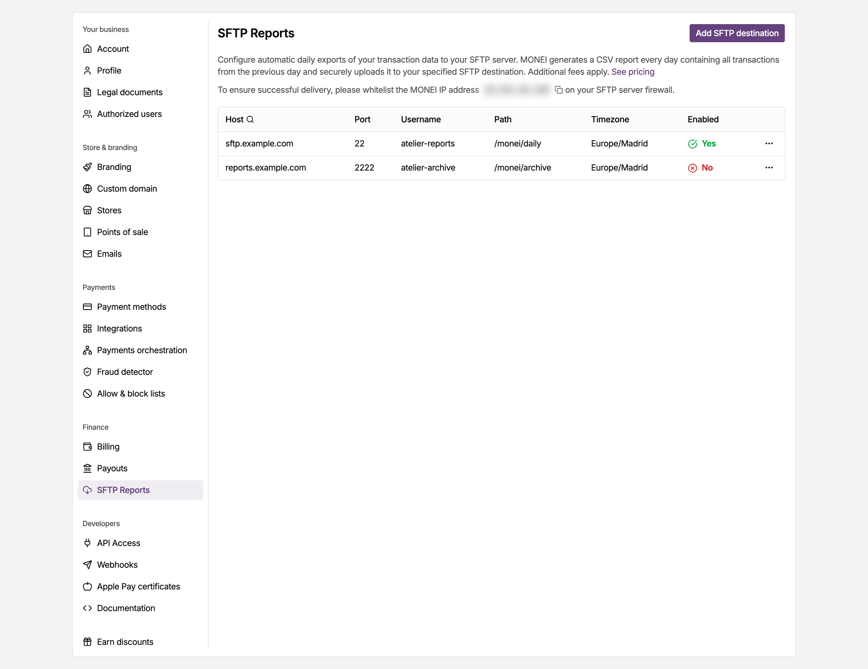 SFTP Reports page in the MONEI Dashboard settings, listing your SFTP destinations