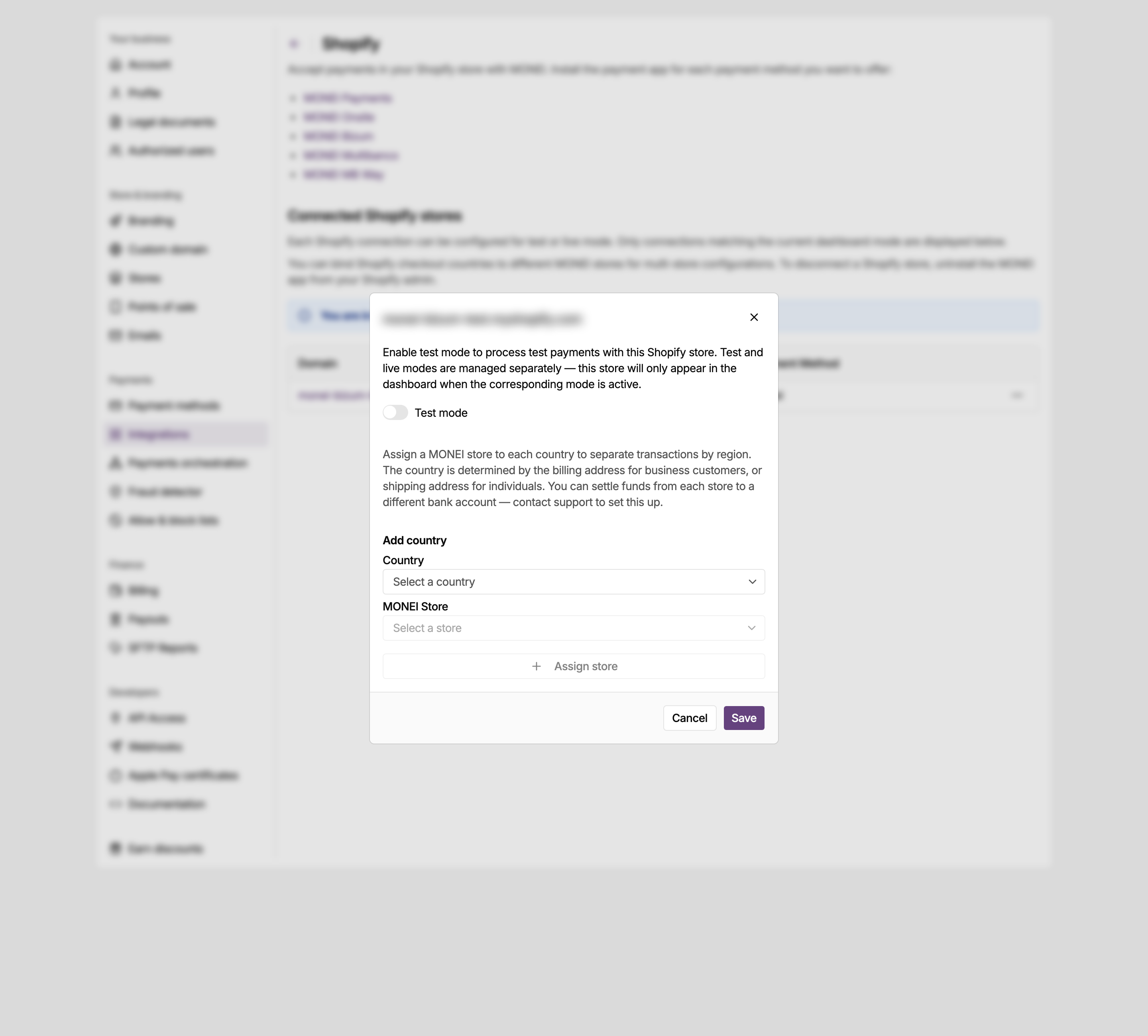 Shopify store configuration dialog in the MONEI Dashboard, where you bind checkout countries to your MONEI stores