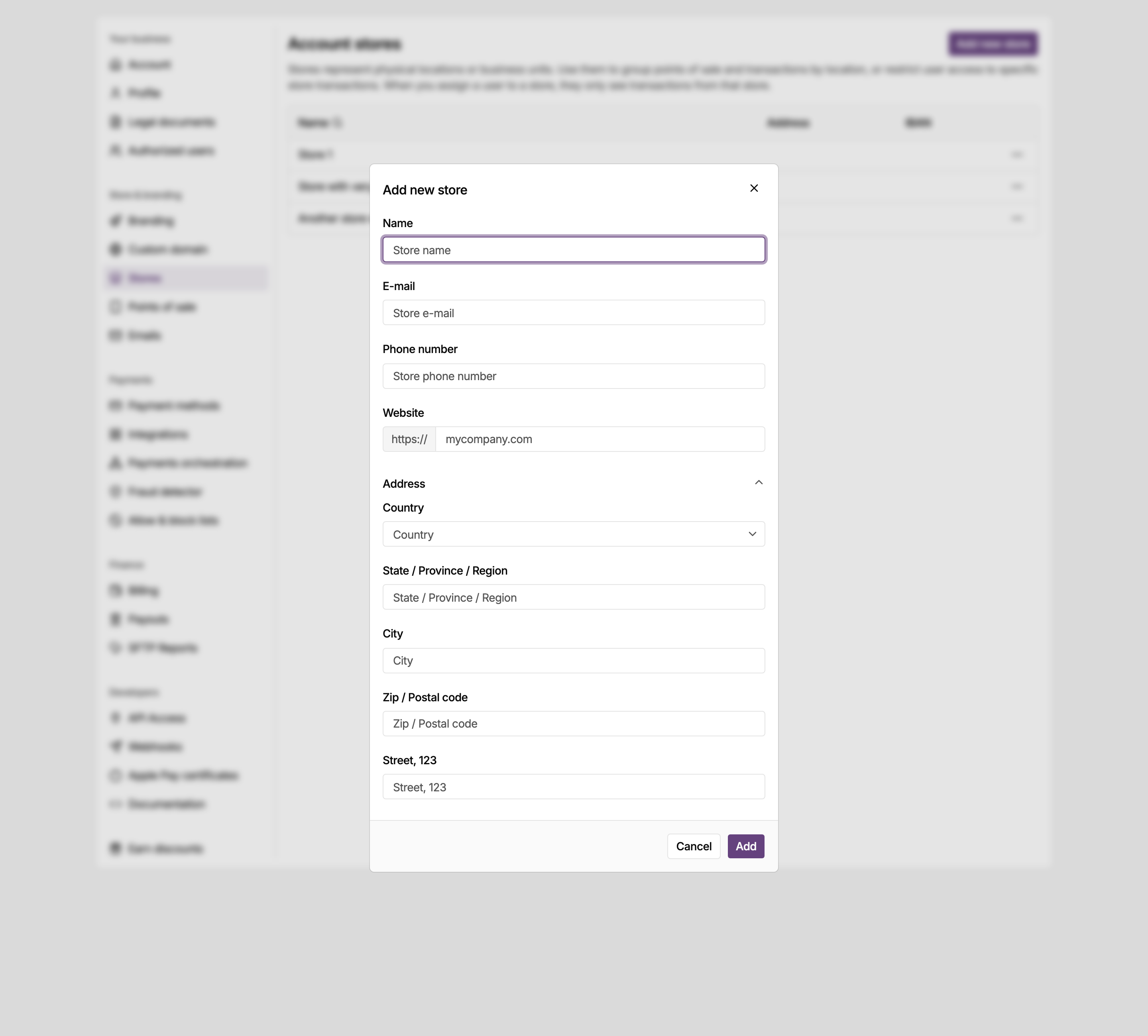 Add new store dialog in the MONEI Dashboard settings