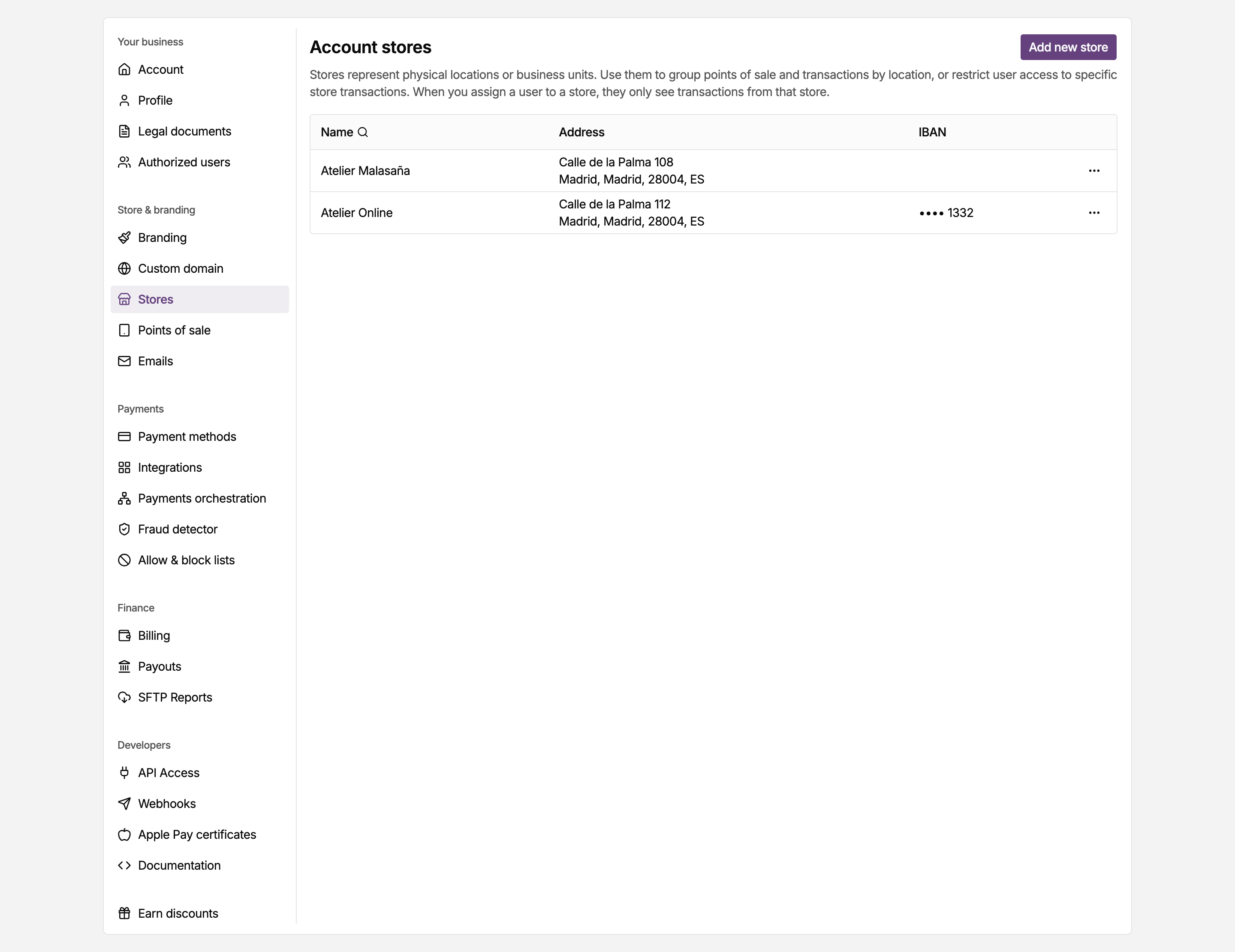 Stores page in the MONEI Dashboard settings, listing the stores on your account