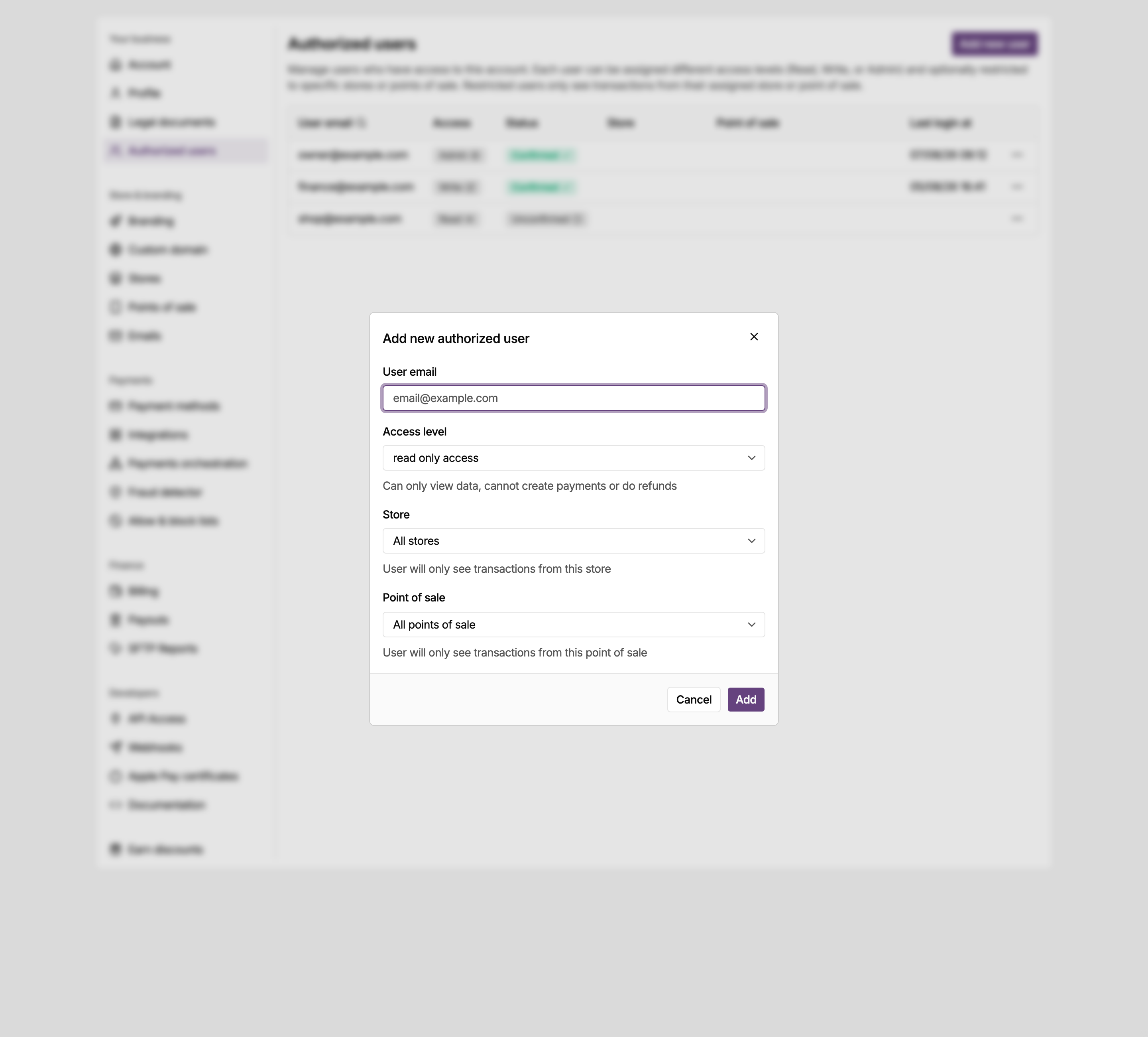 Add new authorized user dialog in the MONEI Dashboard settings, with the email address and the access level
