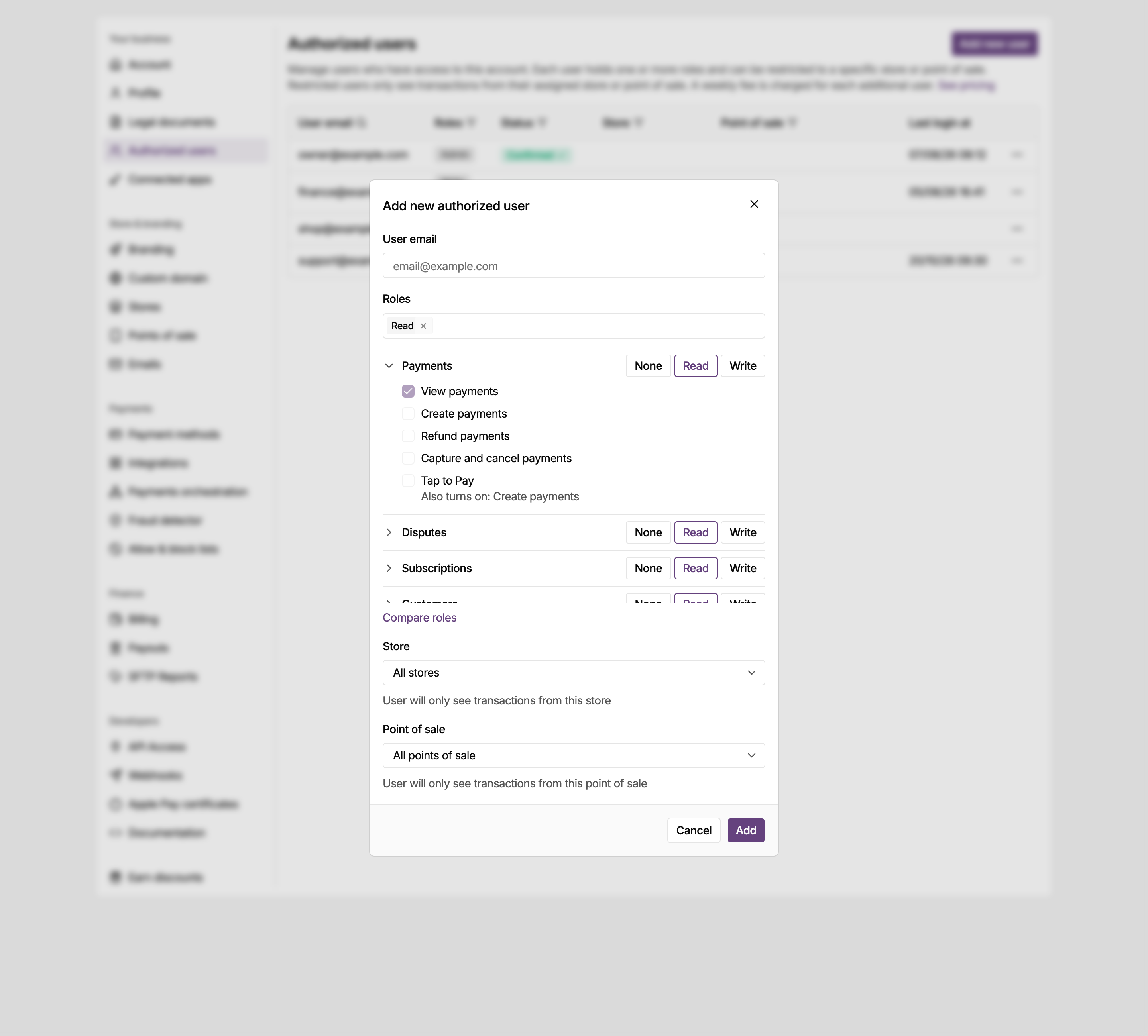 Add new authorized user dialog in the MONEI Dashboard settings, with the Payments area open to show each payment permission