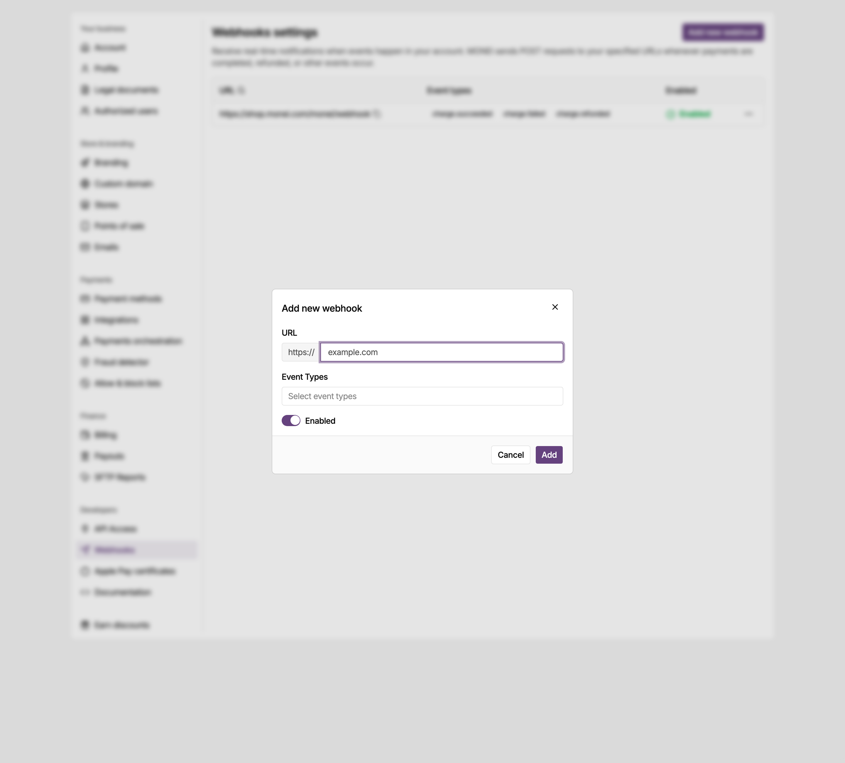 Add new webhook dialog in the MONEI Dashboard settings, with the endpoint URL and the events to send