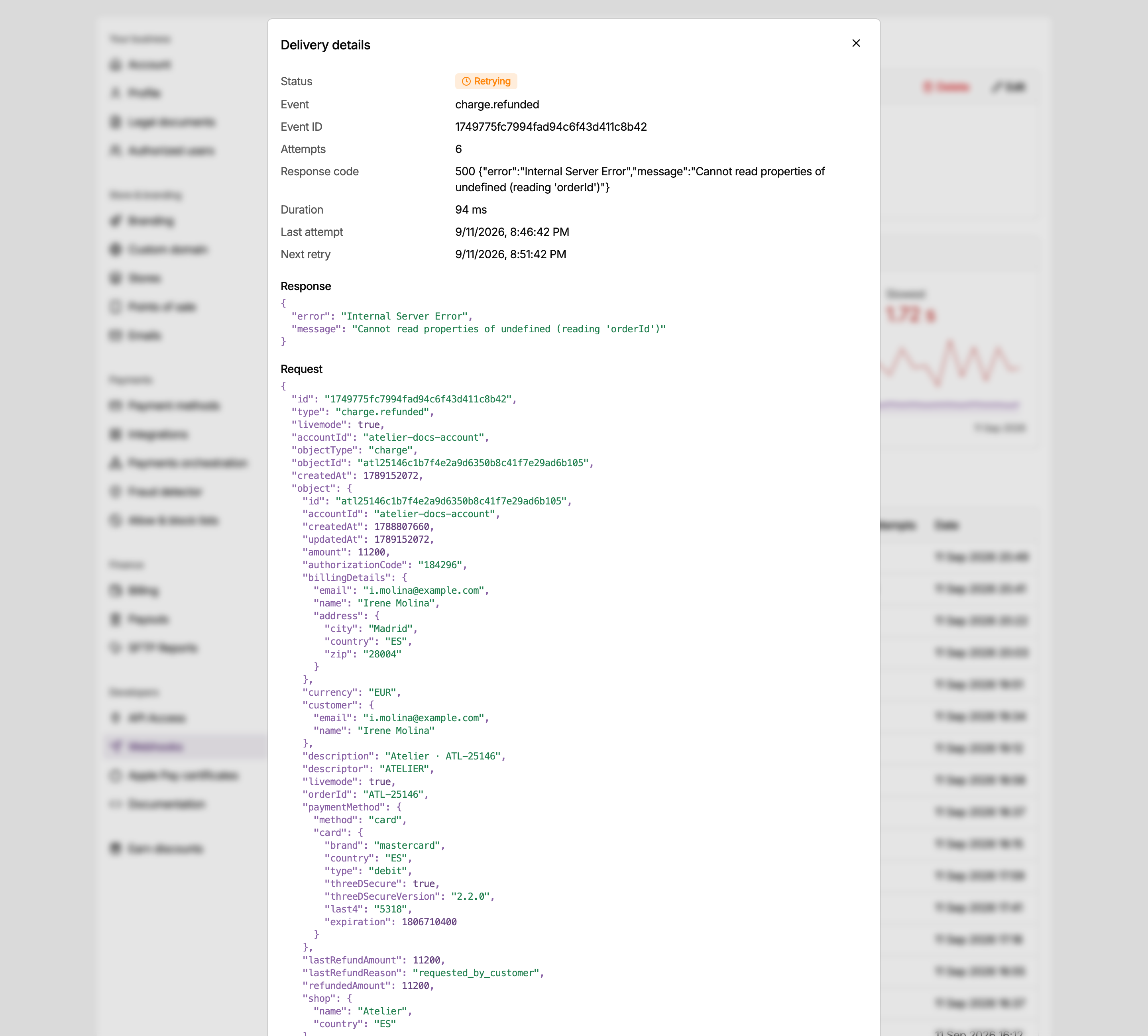 Delivery details dialog in the MONEI Dashboard, for a delivery that is being retried: the response code and body your server returned, the next retry, and the request MONEI sent