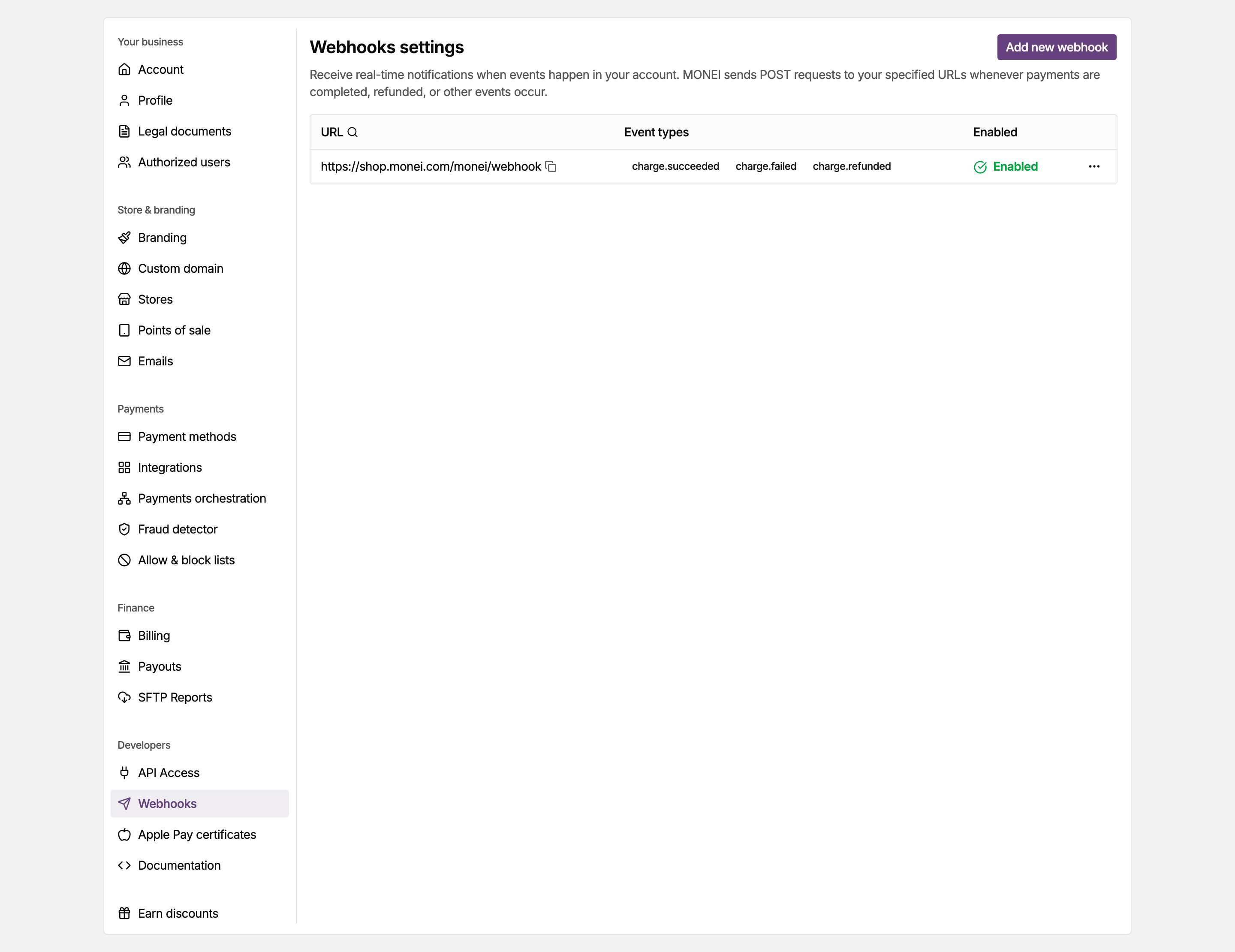 Webhooks page in the MONEI Dashboard settings, listing the endpoints MONEI notifies