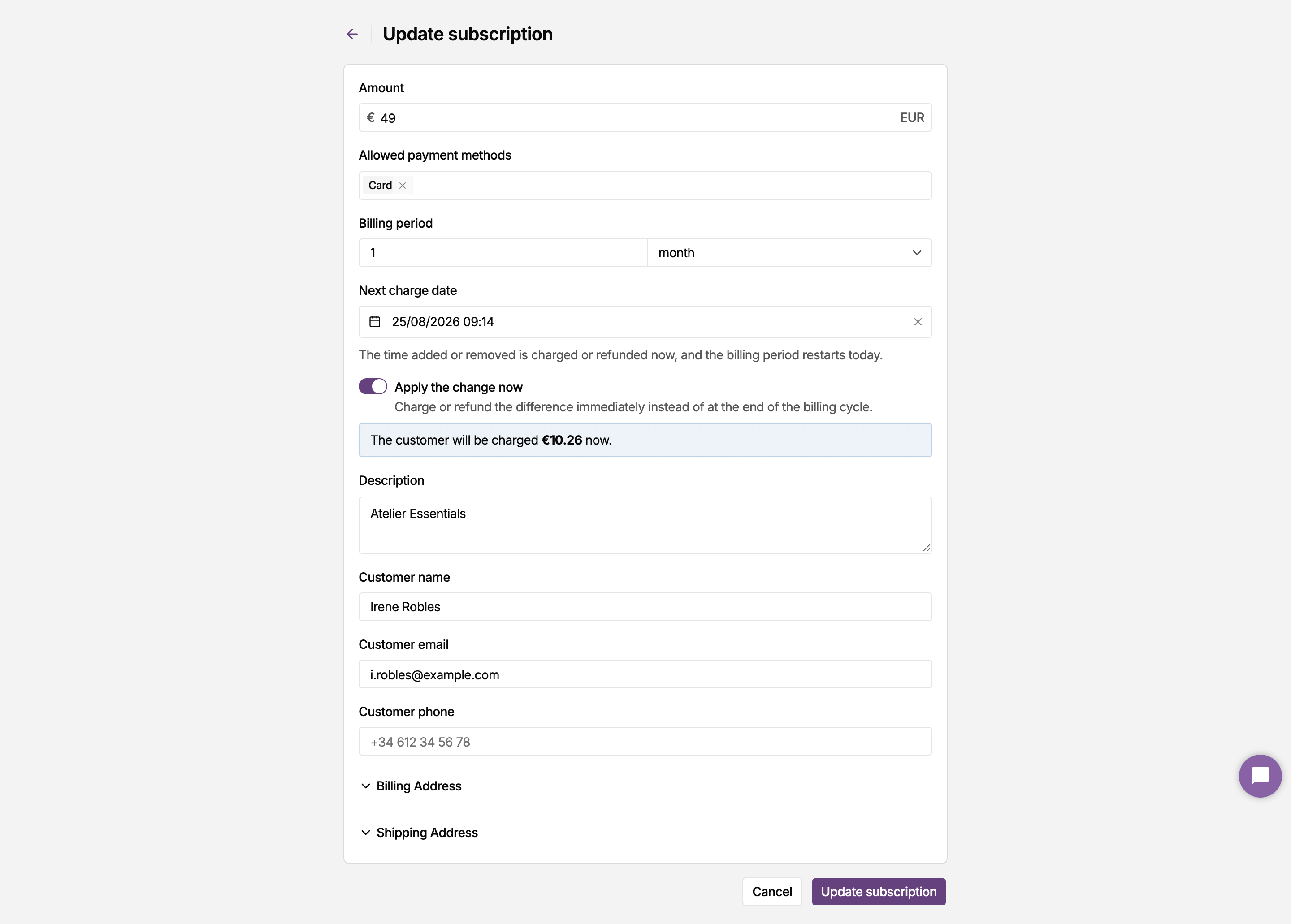 Update subscription form in the MONEI Dashboard: the amount is raised to €49 with Apply the change now turned on, and the form shows the customer will be charged €10.26 now