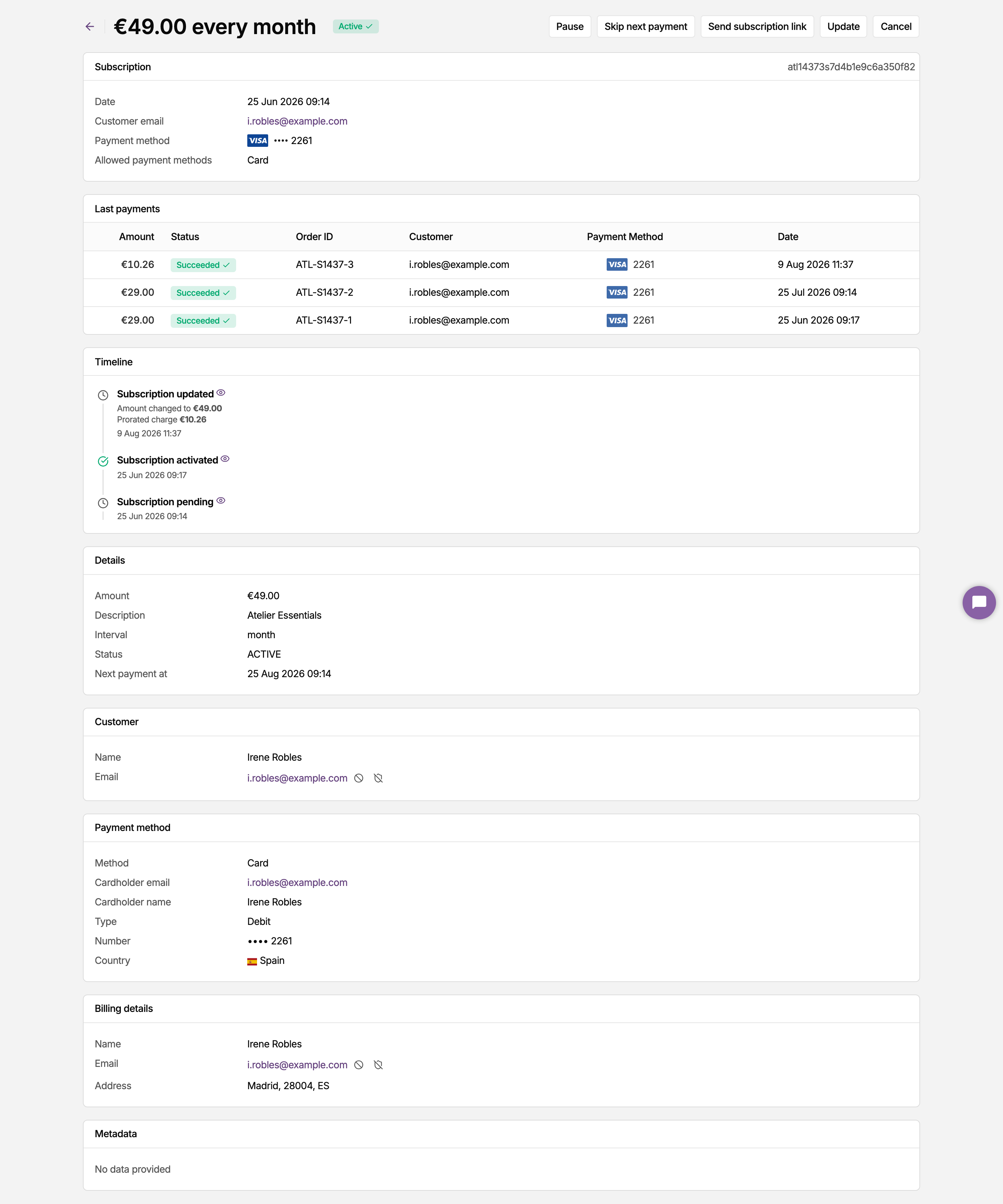 Subscription timeline in the MONEI Dashboard: after the amount changed to €49.00, a prorated charge of €10.26 was taken for the rest of the billing period