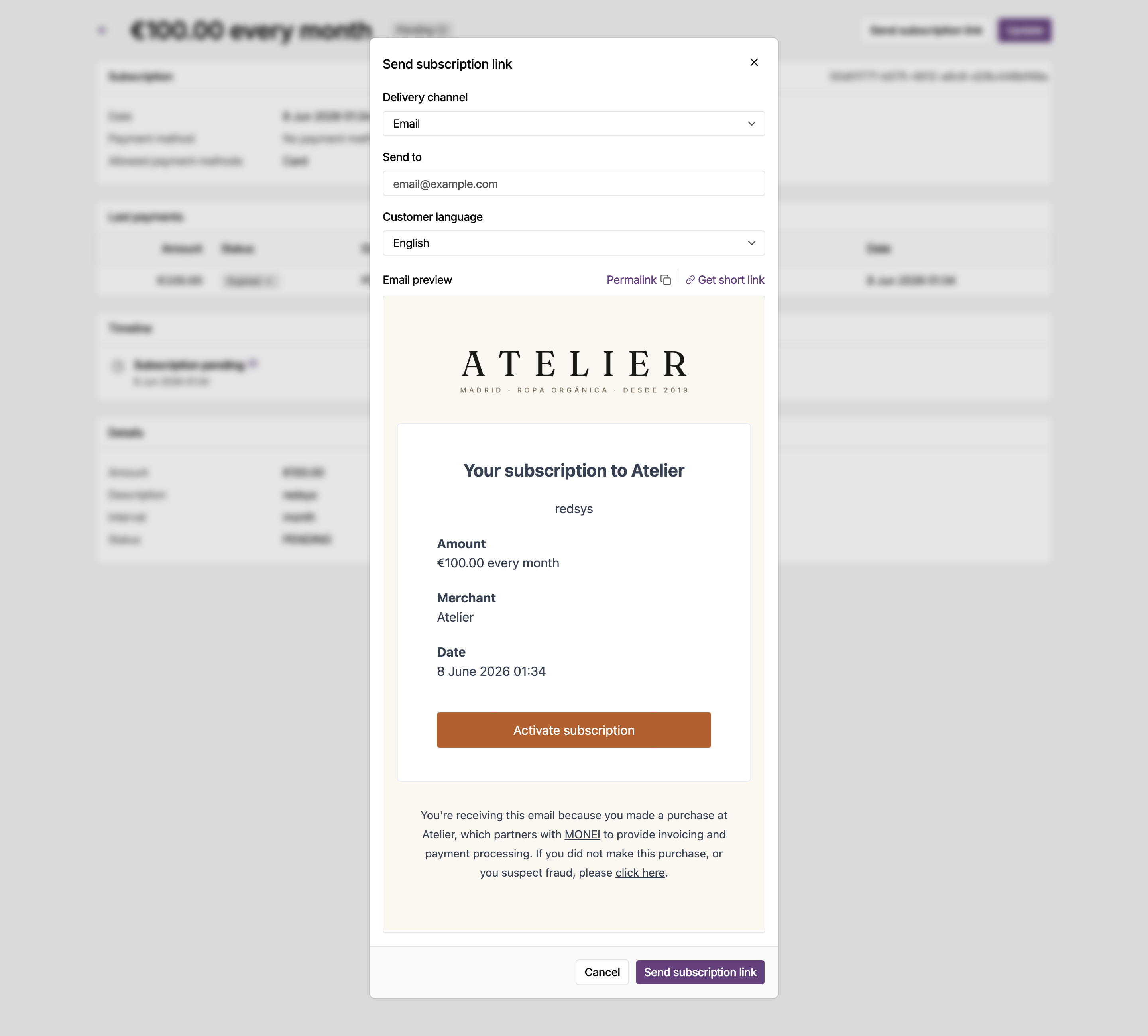 Send subscription link dialog in the MONEI Dashboard, with the delivery channel, the address to send to, the customer language and a preview of the email