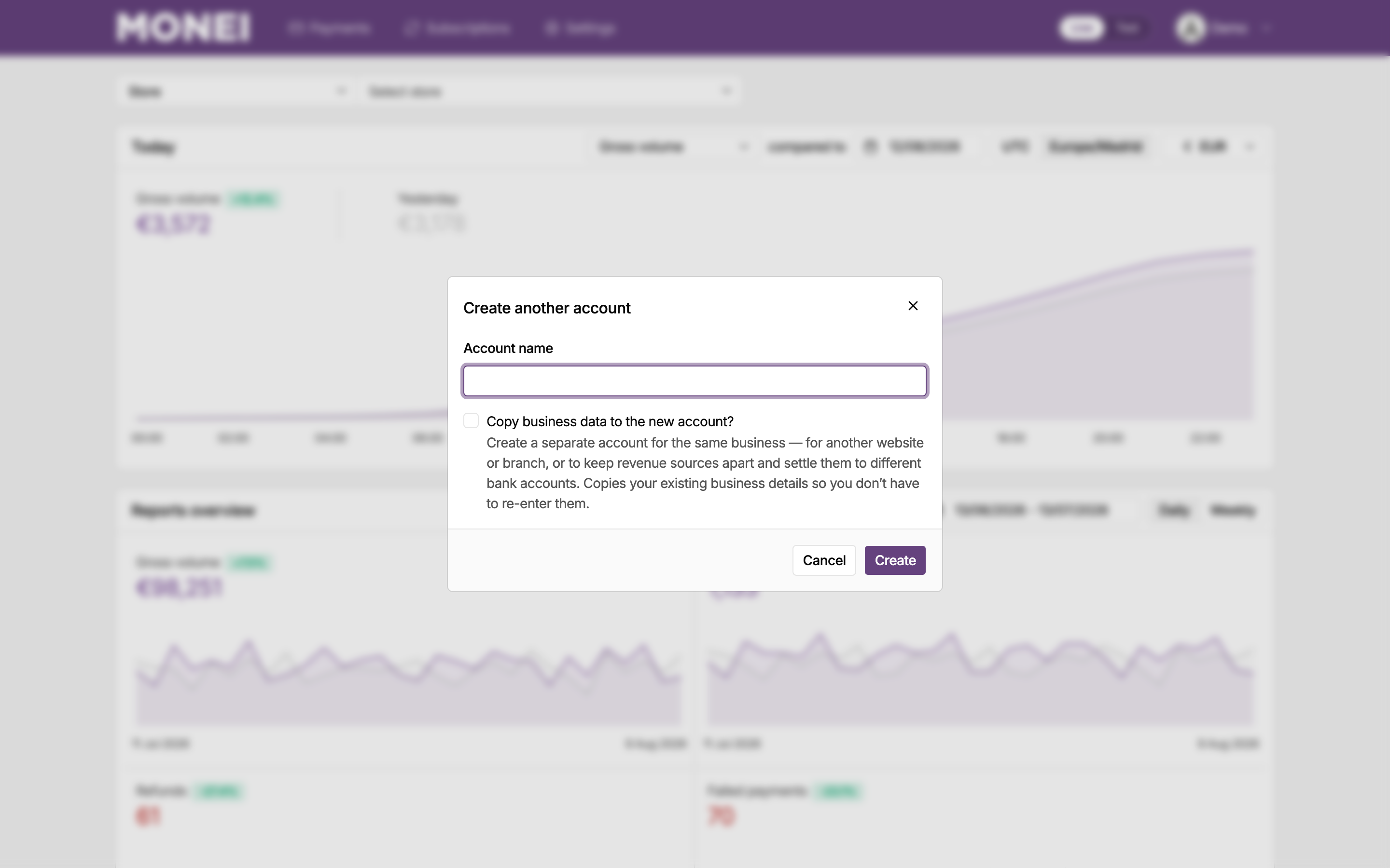 Create another account dialog in the MONEI Dashboard, with a field for the account name and the option to copy the business data of the current account