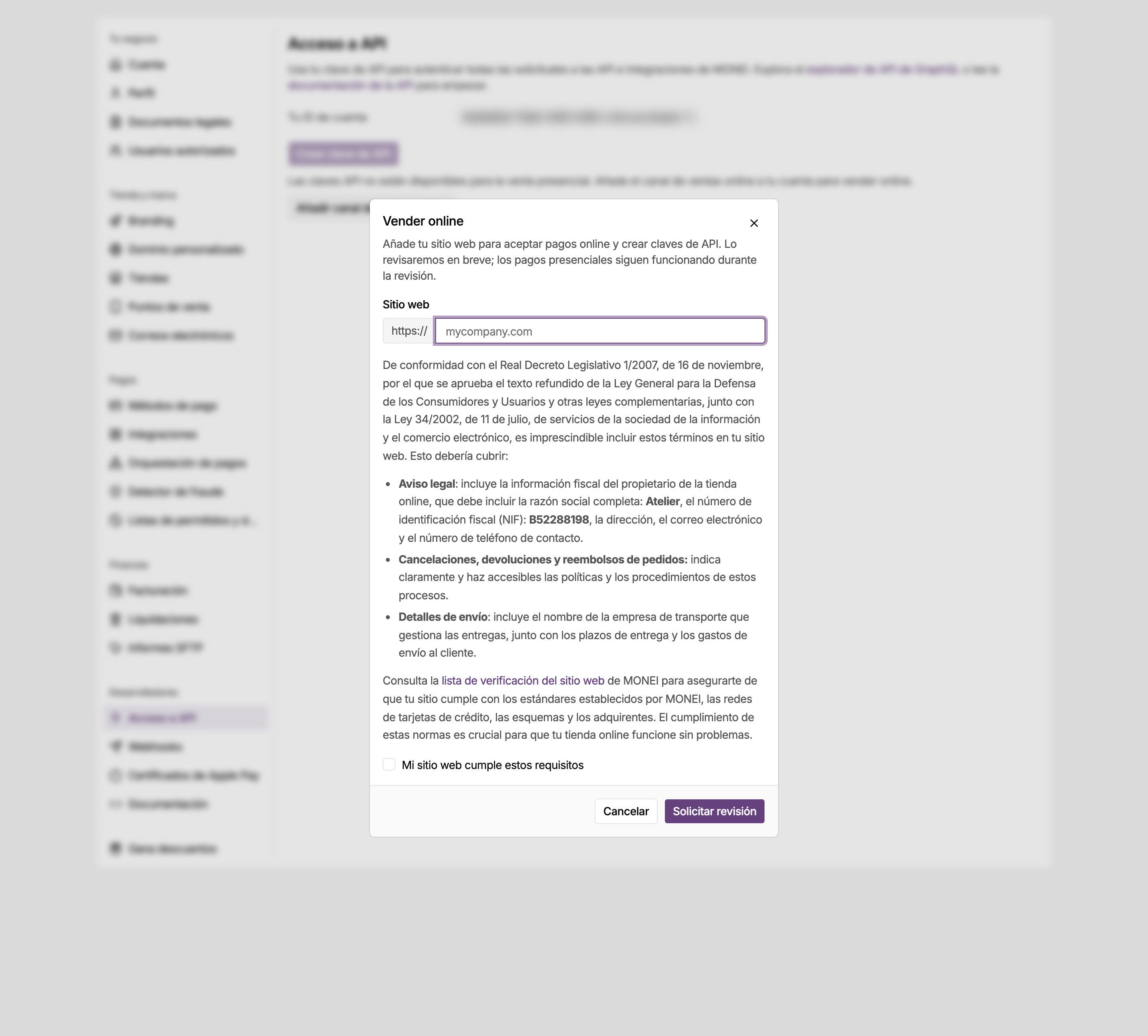 Diálogo Vender online en el panel de MONEI, con el campo Sitio web, los requisitos del sitio web y la casilla Mi sitio web cumple estos requisitos sobre Solicitar revisión