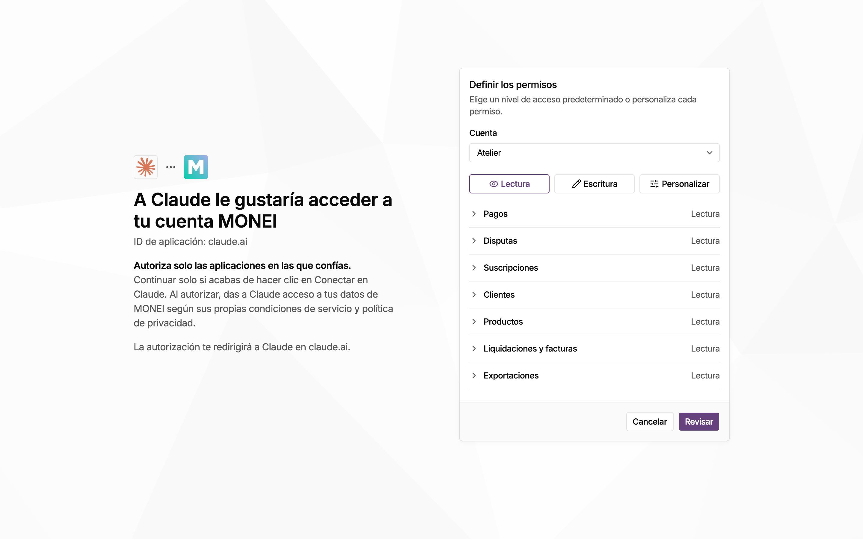 Página de consentimiento de MONEI: Claude pide acceso a tu cuenta de MONEI