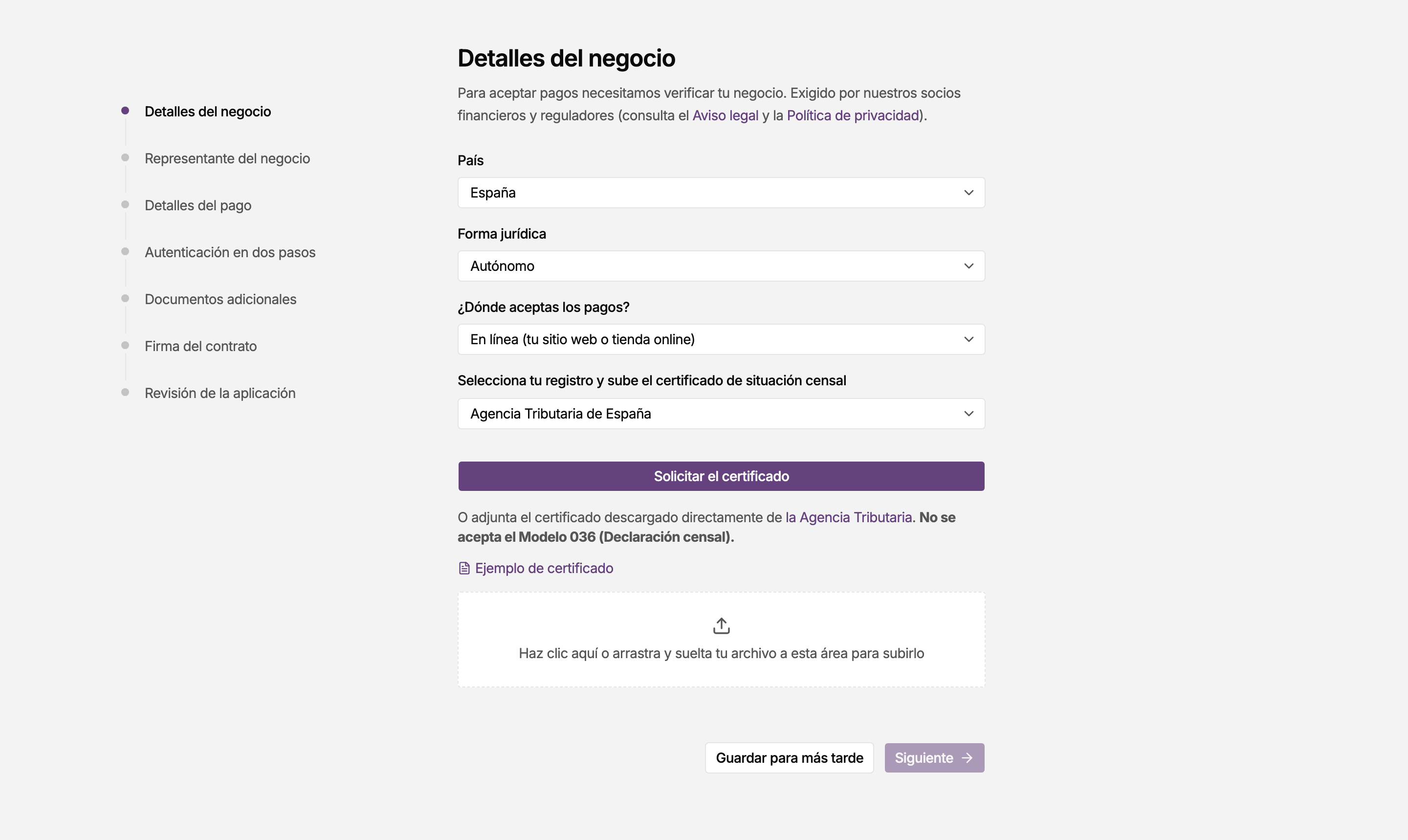 Paso Detalles del negocio para un autónomo en el panel de MONEI, con el selector de registro fiscal y la subida del certificado de situación censal
