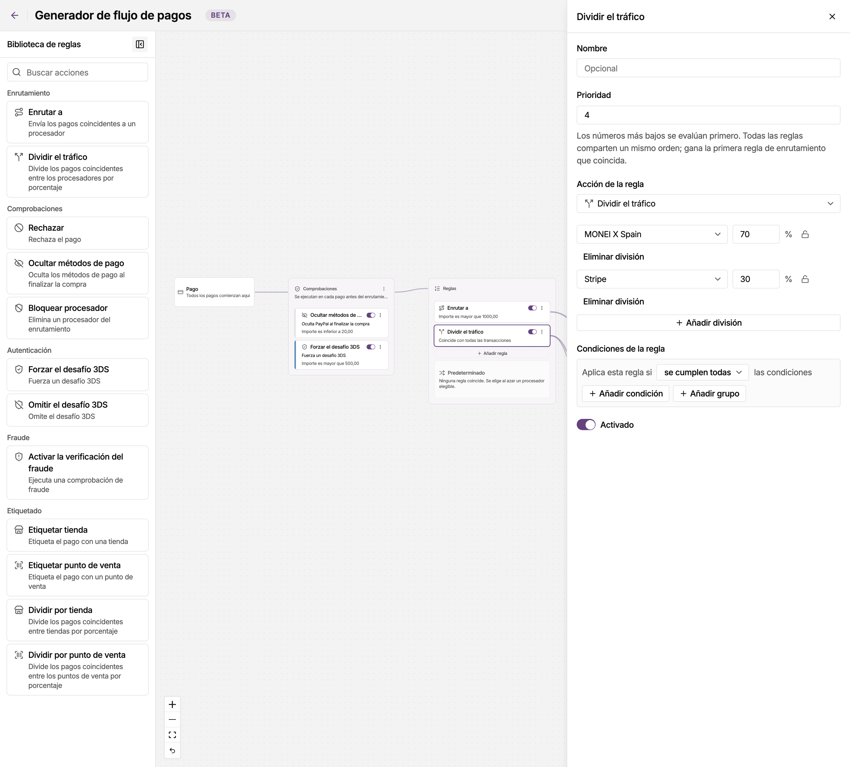 Inspector de reglas del generador de flujo de pagos en el panel de MONEI, editando la regla que divide los pagos con tarjeta 70/30