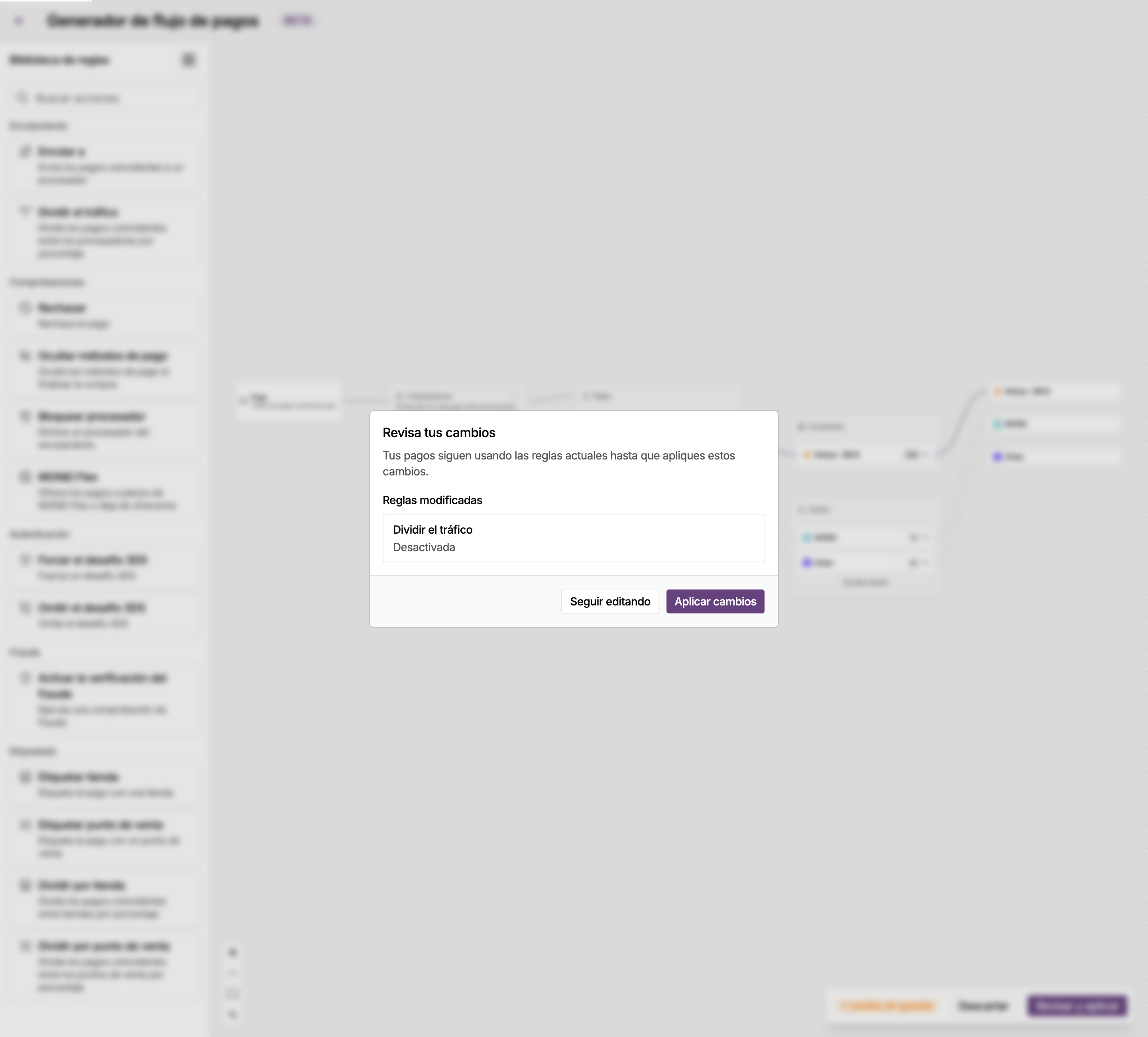 Diálogo Revisa tus cambios del generador de flujo de pagos en el panel de MONEI, con la regla de división desactivada en Reglas modificadas