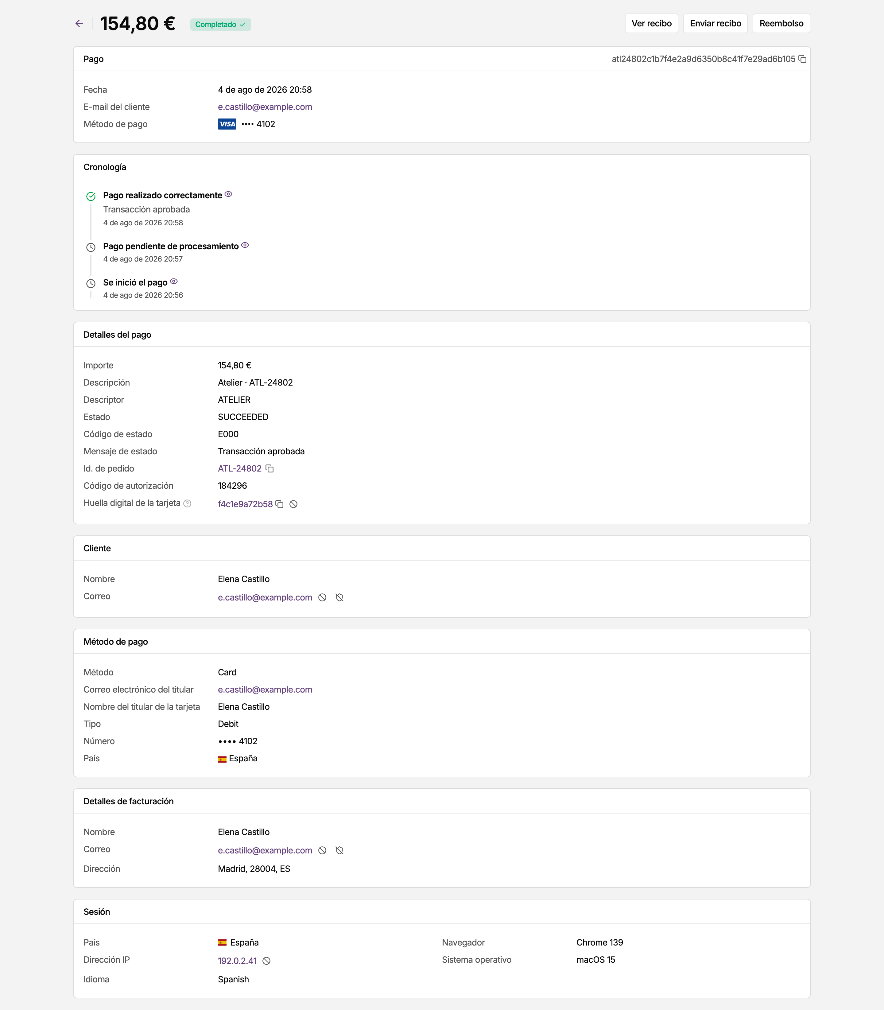 Página de detalle de un pago en el panel de MONEI, con el historial, los datos del pago, el cliente y el método de pago utilizado