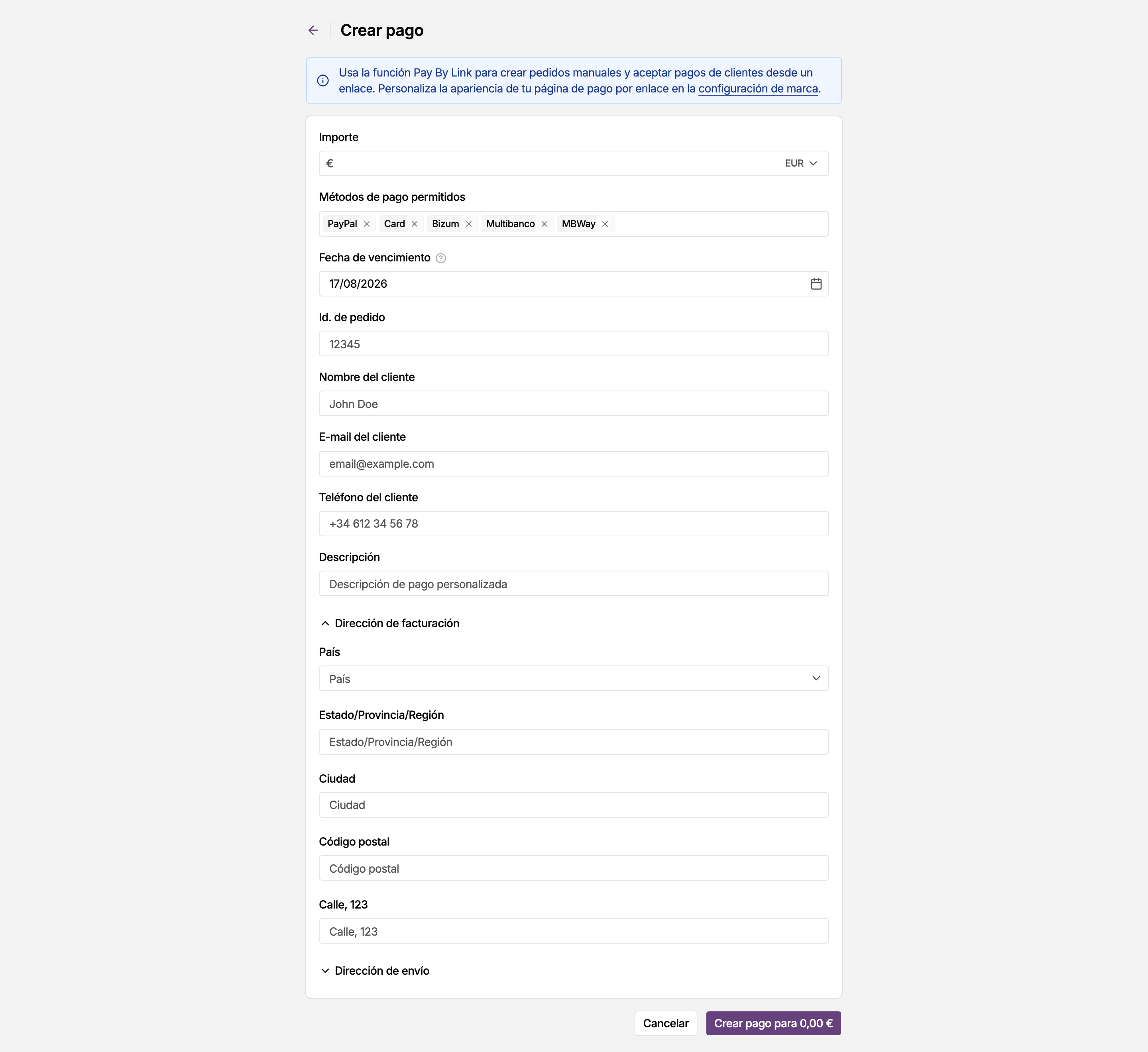 Formulario Crear pago del panel de MONEI, donde creas un pago de Pay by Link
