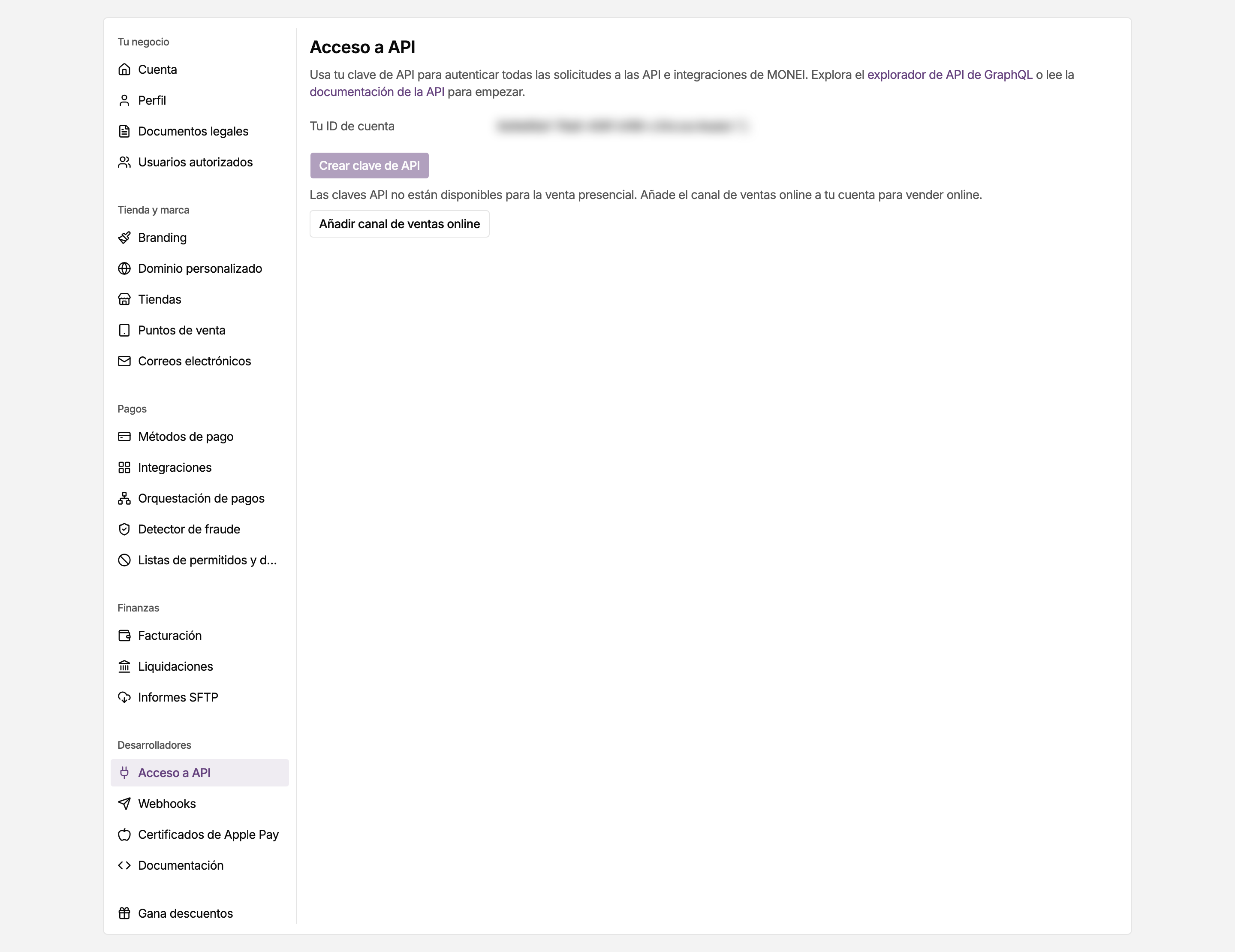 Página Acceso a API en la configuración del panel de MONEI para una cuenta presencial, con Crear clave de API desactivado y el botón Añadir canal de ventas online debajo
