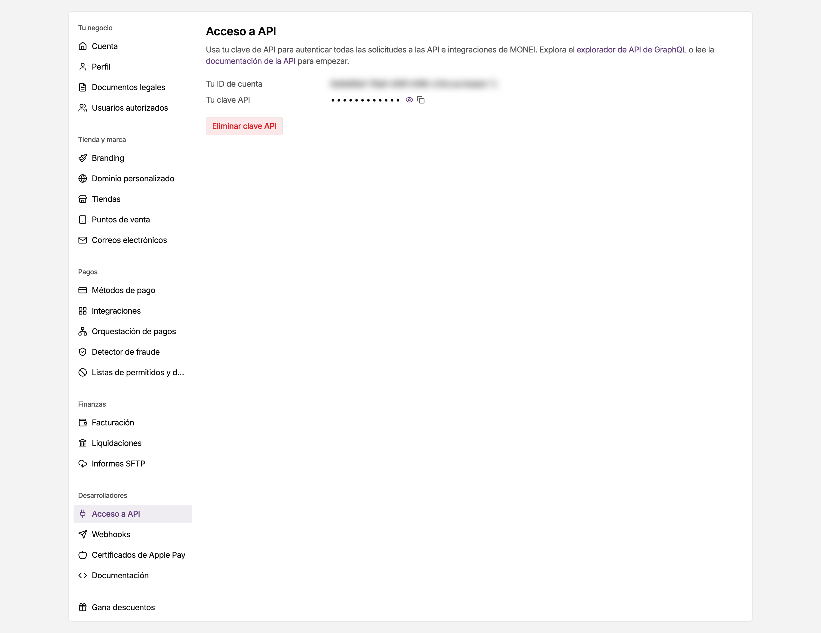 Página Acceso a API en los ajustes del panel de MONEI, con tu ID de cuenta y tu clave API