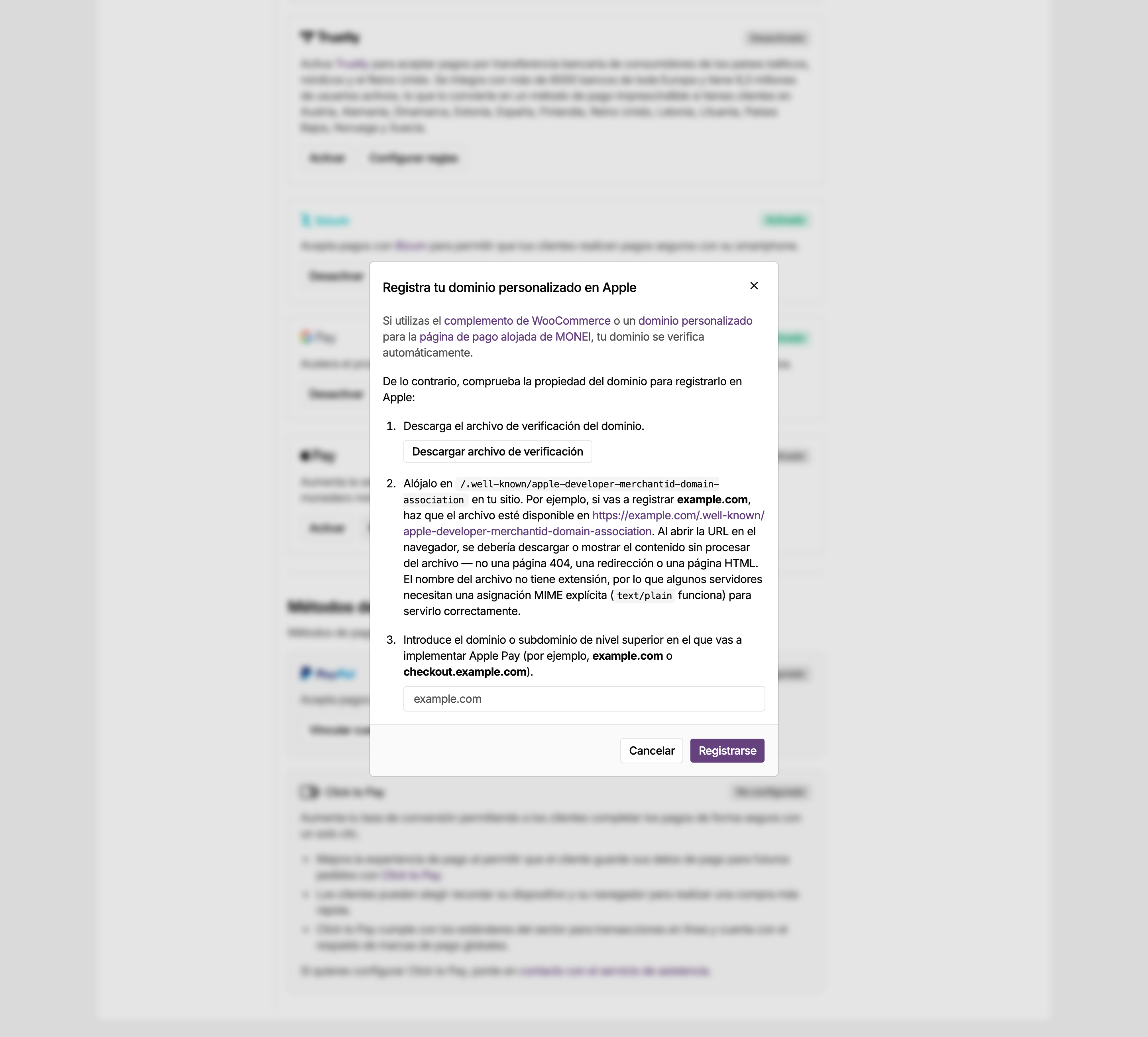 Diálogo Registra tu dominio personalizado en Apple en los ajustes del panel de MONEI