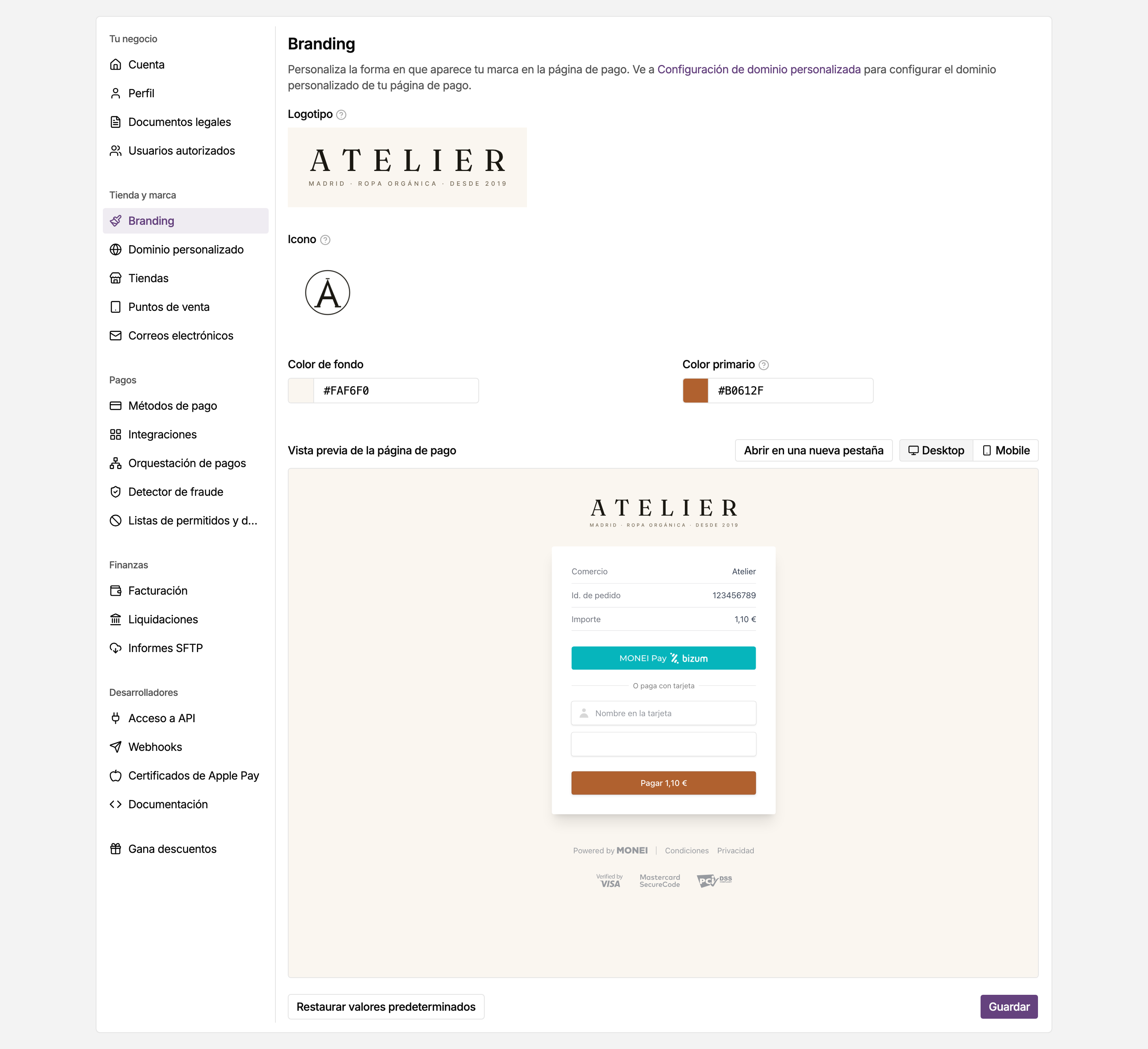 Página Branding en los ajustes del panel de MONEI, donde personalizas tu página de pago