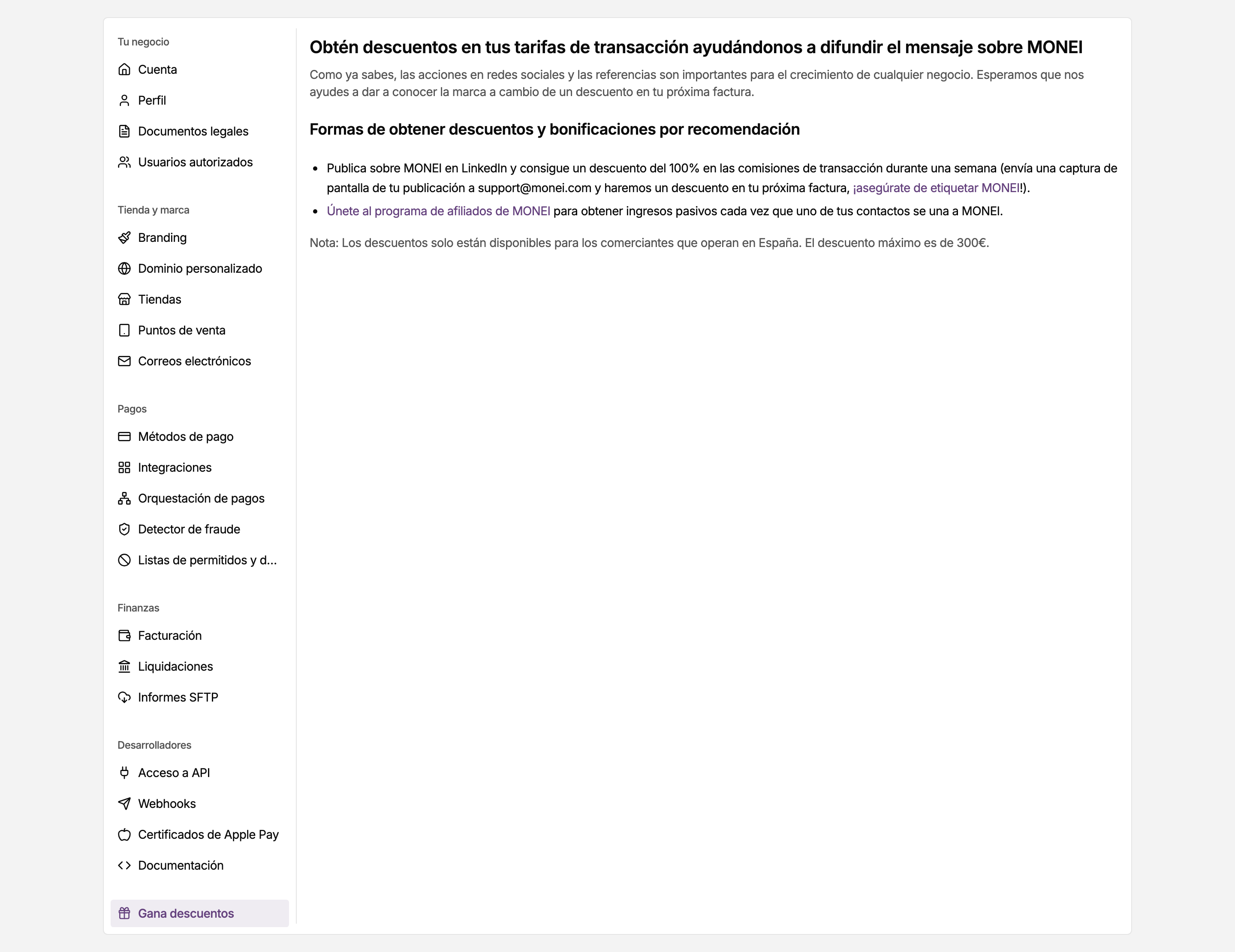 Página Gana descuentos en los ajustes del panel de MONEI, con tu enlace de invitación