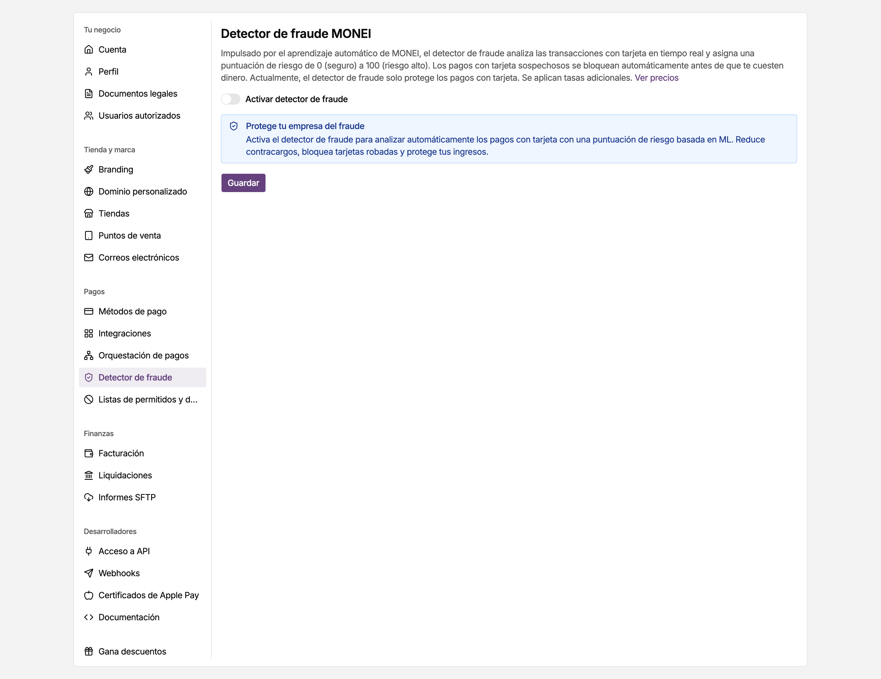 Página Detector de fraude en los ajustes del panel de MONEI, con el interruptor Activar detector de fraude