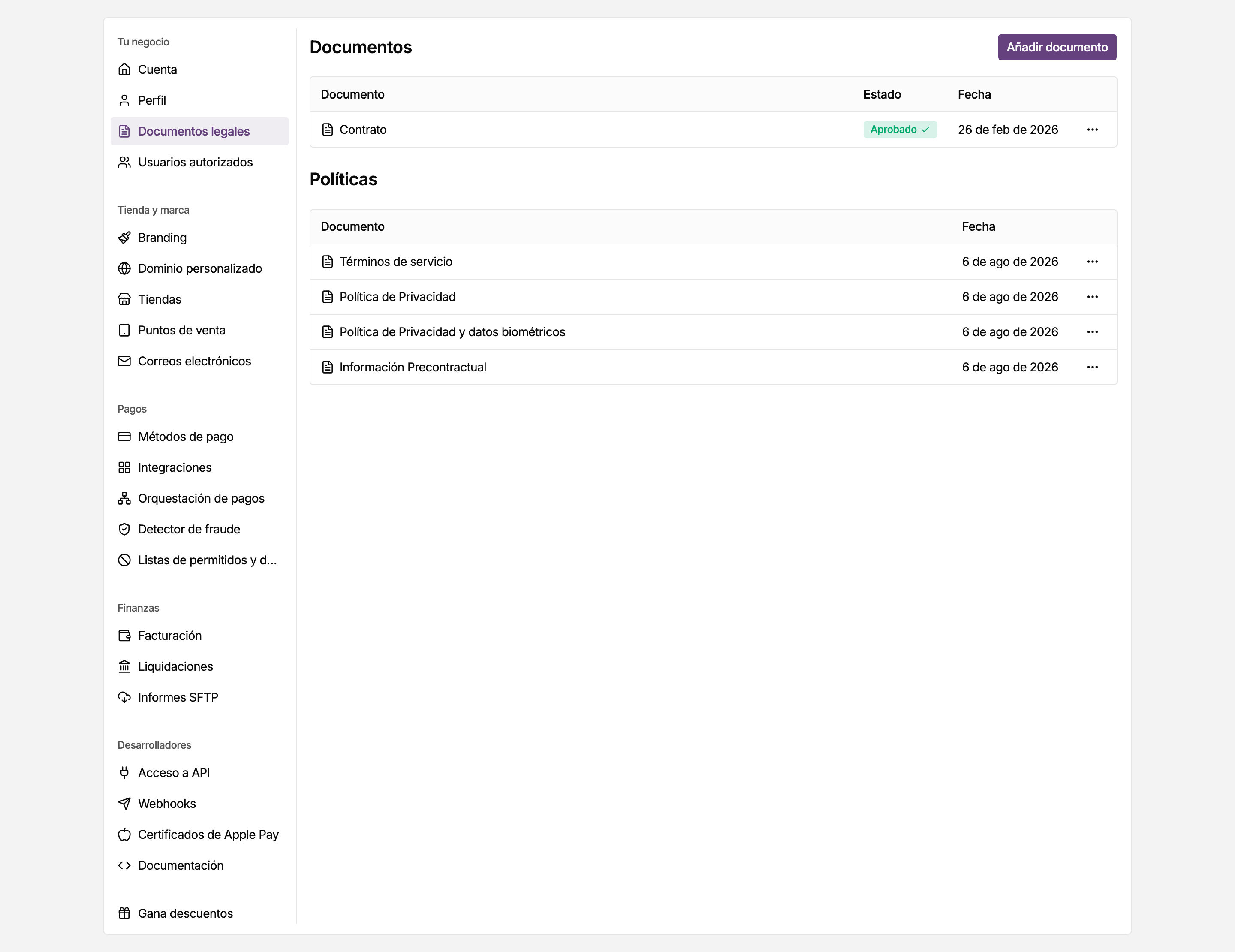 Página Documentos legales en los ajustes del panel de MONEI, con los documentos de tu cuenta