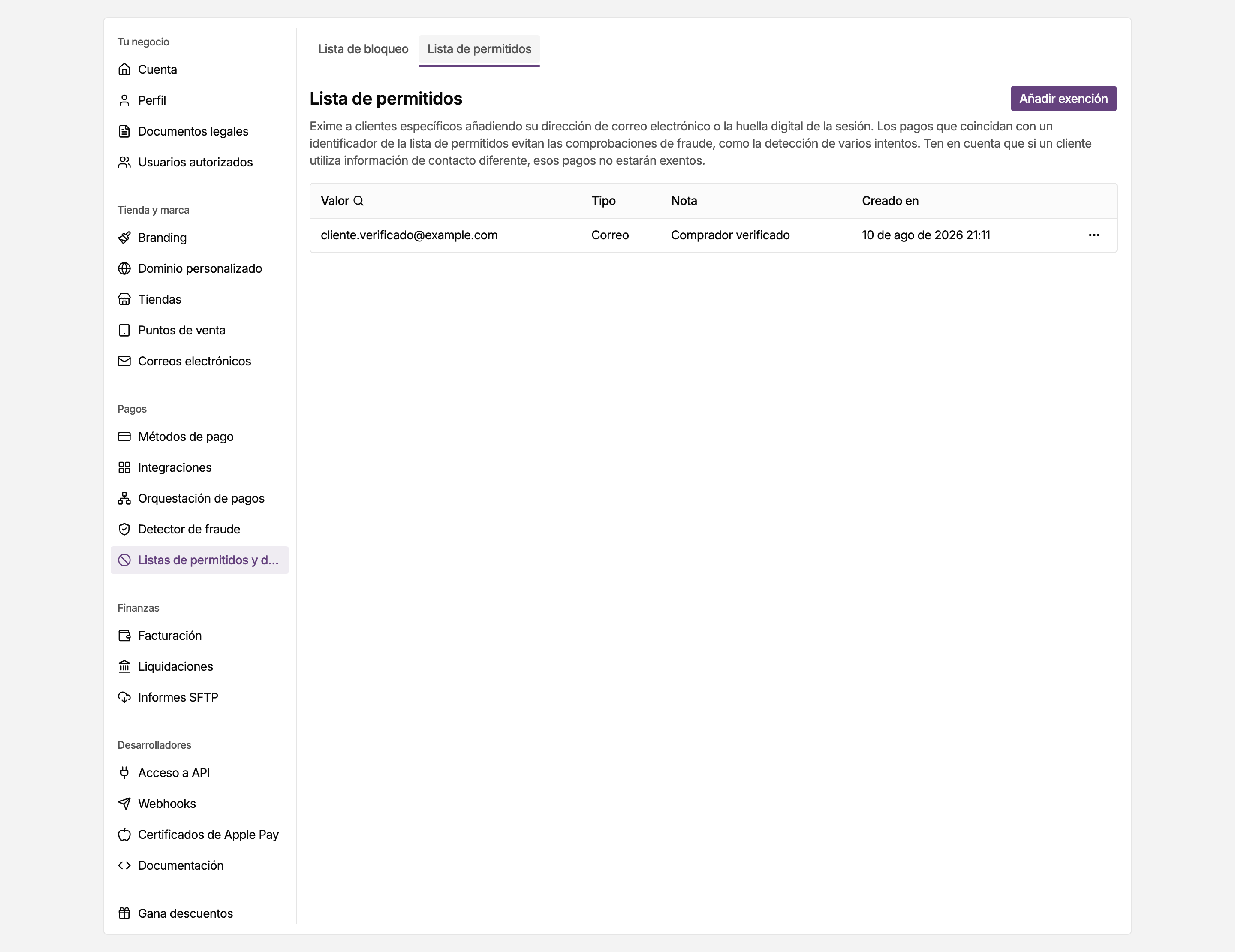 Página Listas de permitidos y de bloqueo en los ajustes del panel de MONEI, en la pestaña de permitidos