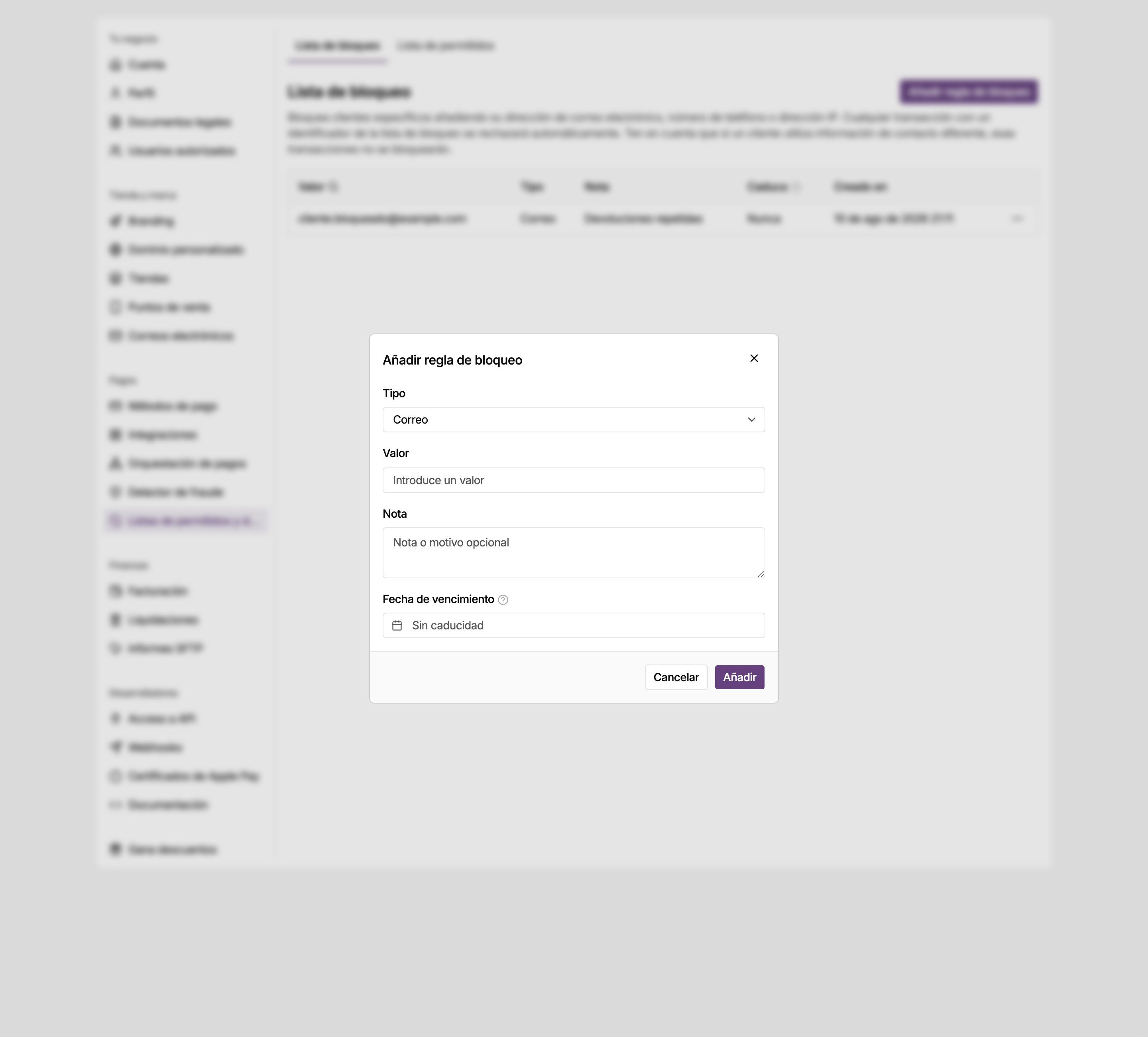 Diálogo Añadir regla de bloqueo en los ajustes del panel de MONEI, donde eliges qué bloquear