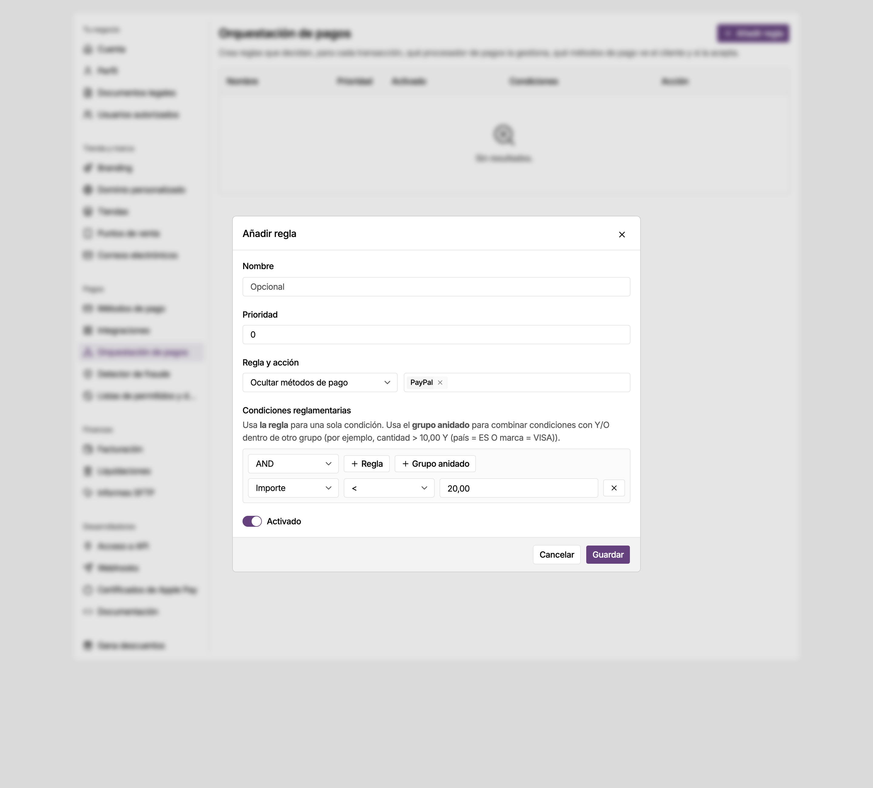 Diálogo Añadir regla en los ajustes de orquestación del panel de MONEI, configurado para ocultar PayPal cuando el importe es inferior a 20 EUR