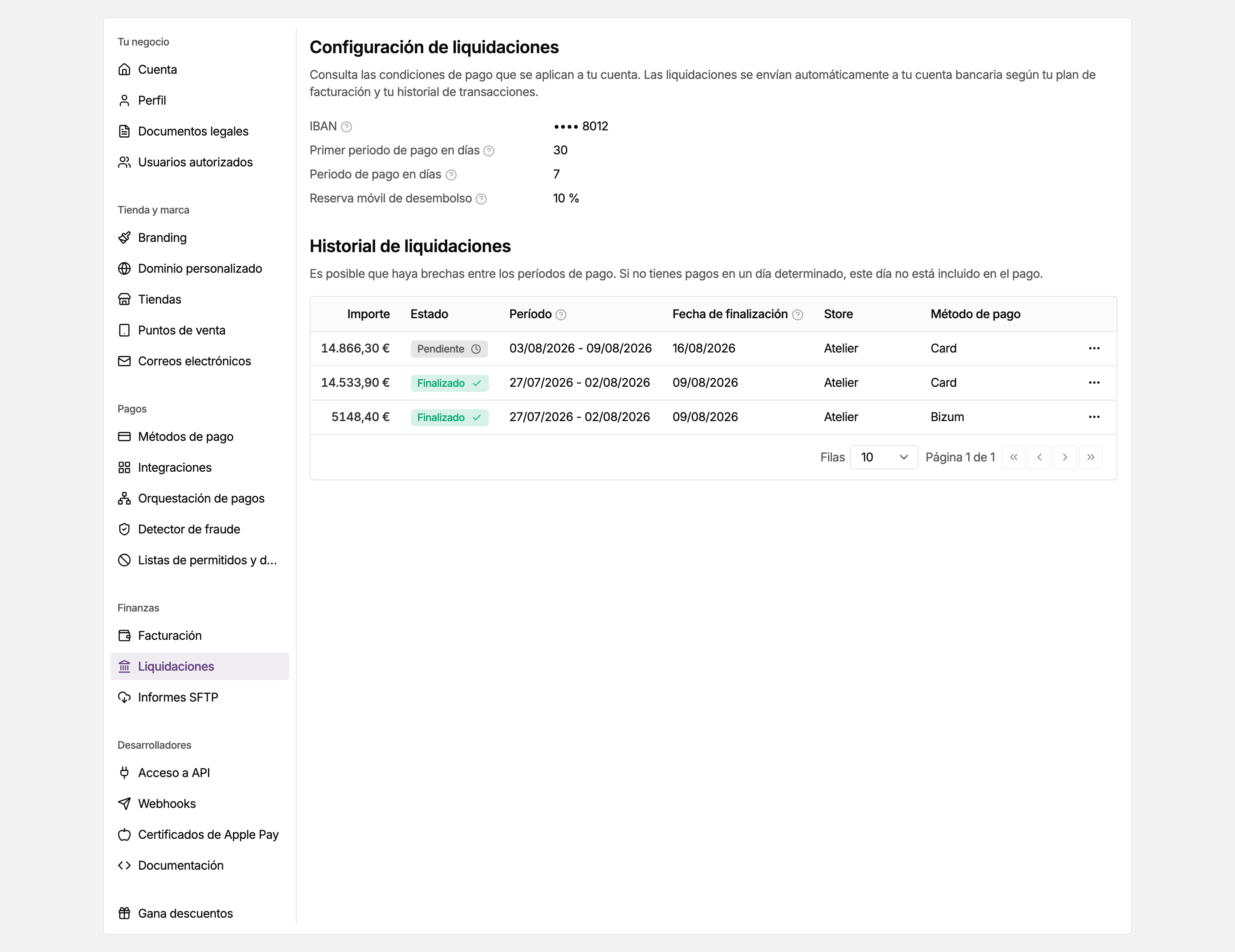 Página Liquidaciones en los ajustes del panel de MONEI, con tu cuenta bancaria y la frecuencia de tus liquidaciones