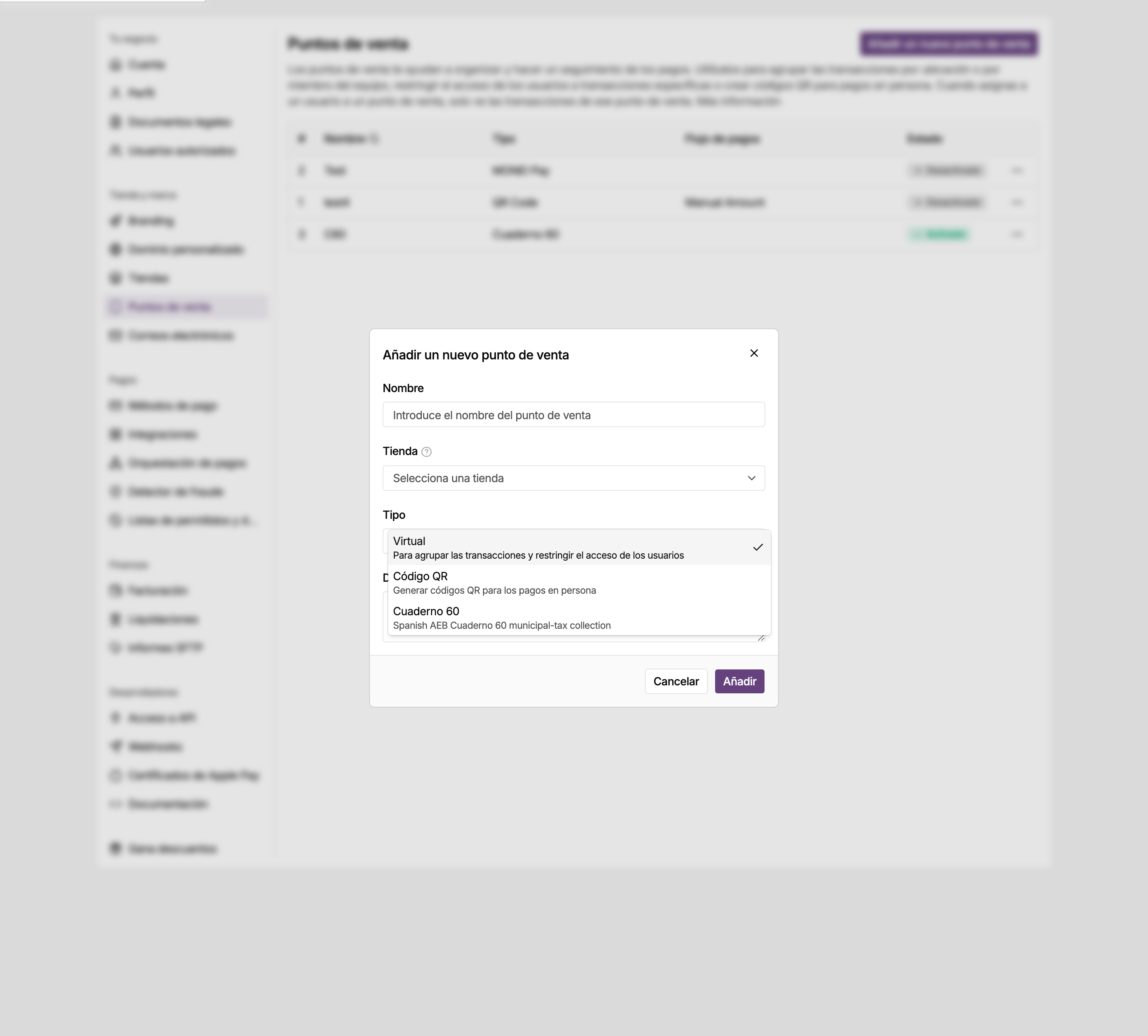 Diálogo Añadir un nuevo punto de venta en el panel de MONEI con la lista Tipo abierta en Cuaderno 60