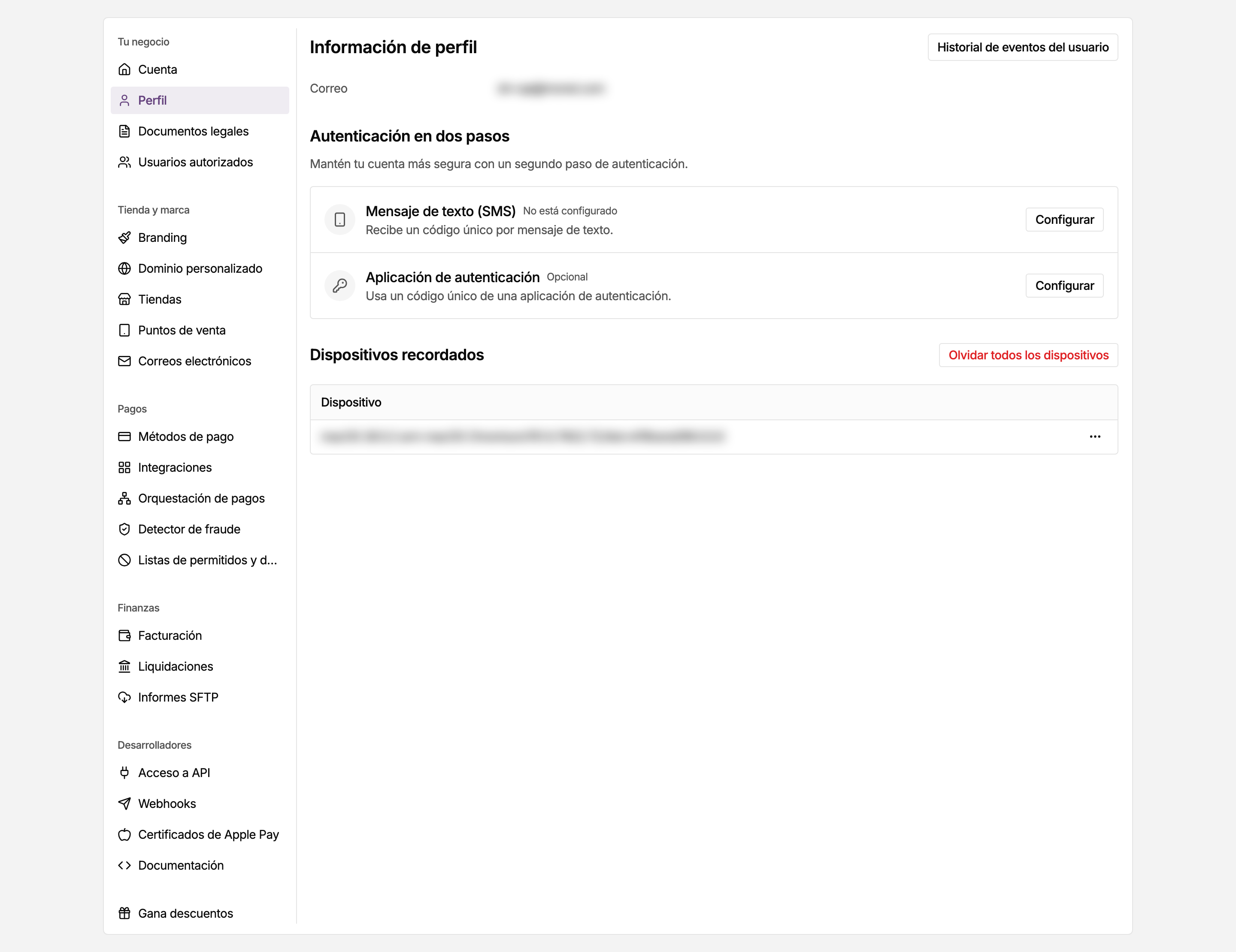 Página Perfil en los ajustes del panel de MONEI, donde gestionas los datos de tu usuario