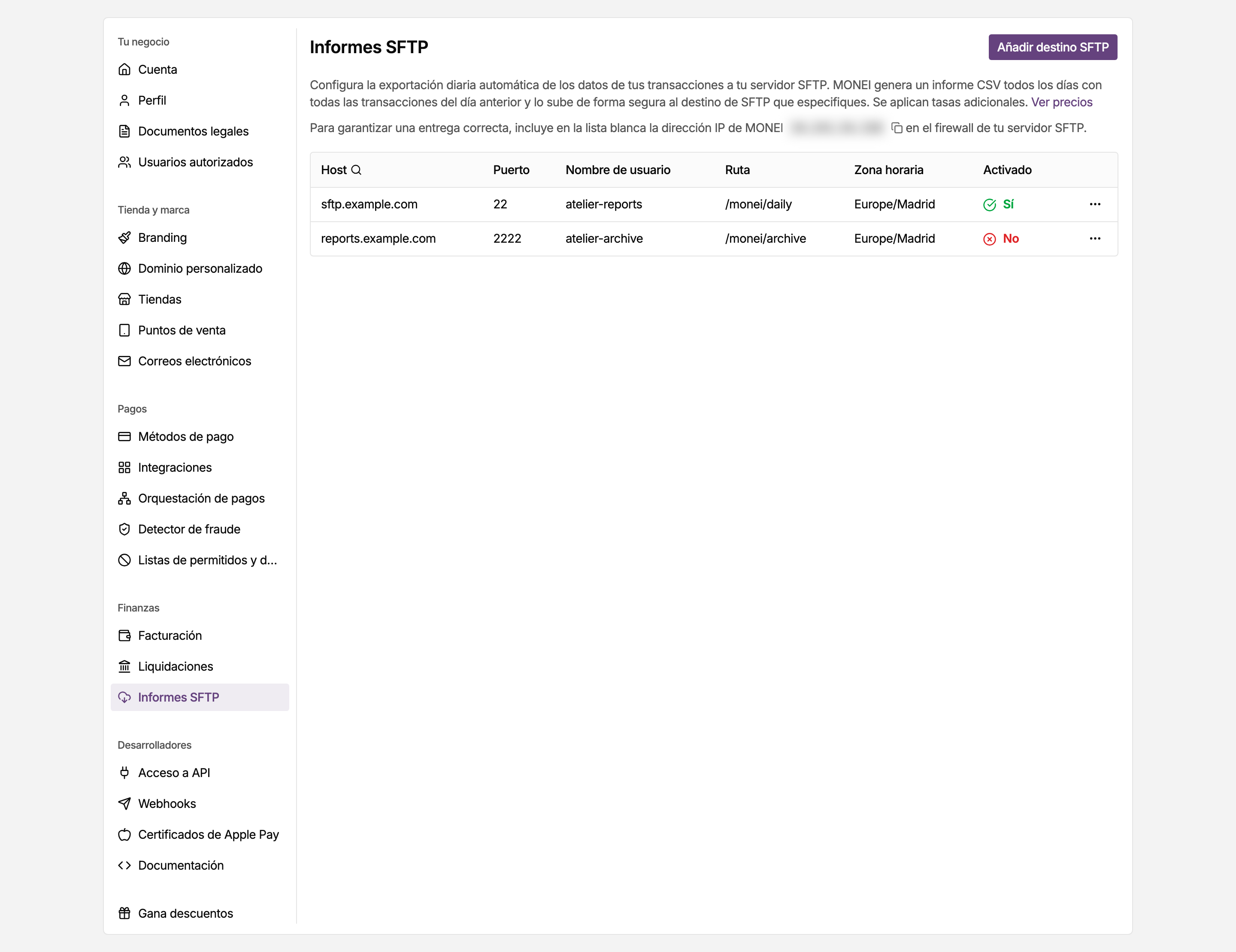 Página Informes SFTP en los ajustes del panel de MONEI, con tus destinos SFTP
