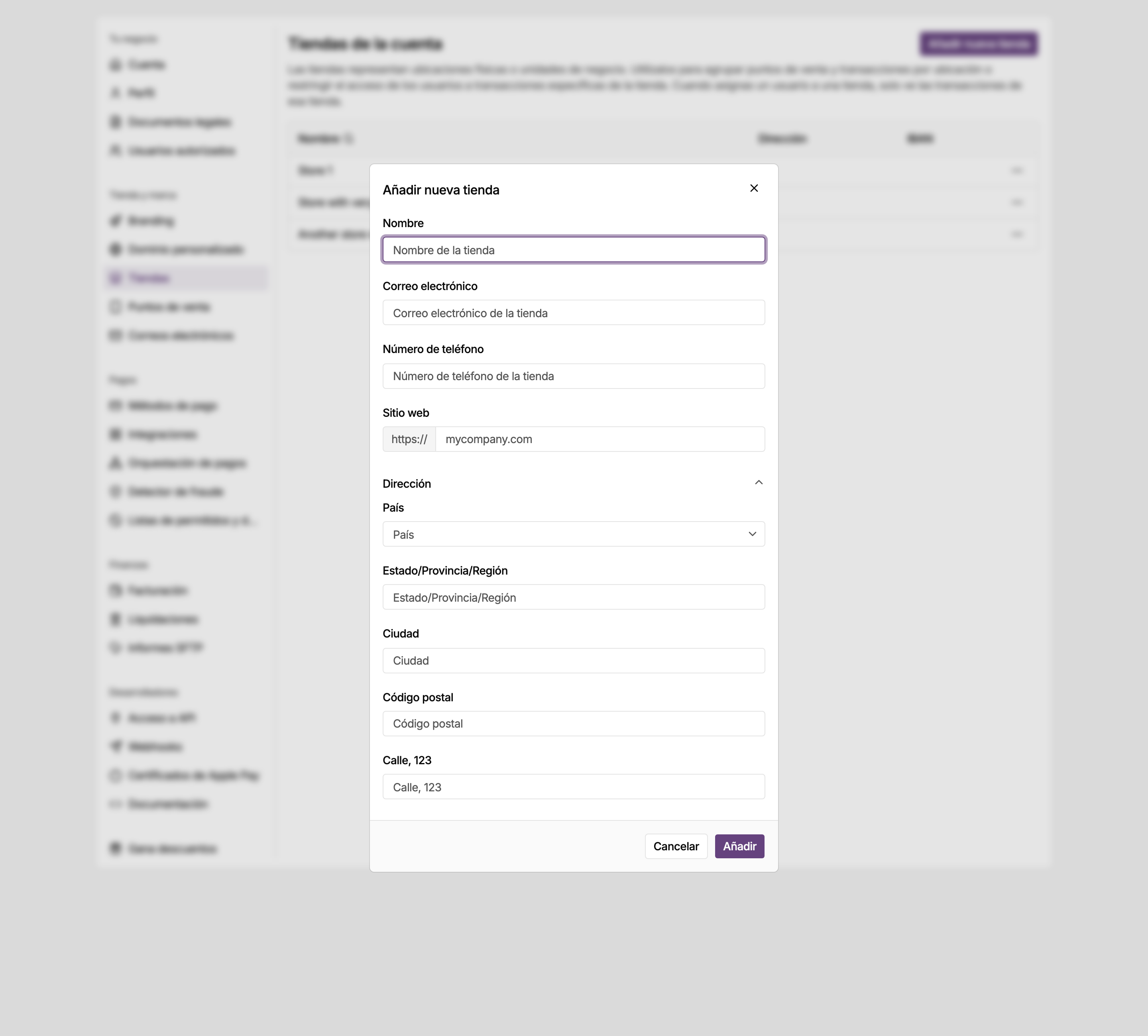 Diálogo Añadir nueva tienda en los ajustes del panel de MONEI