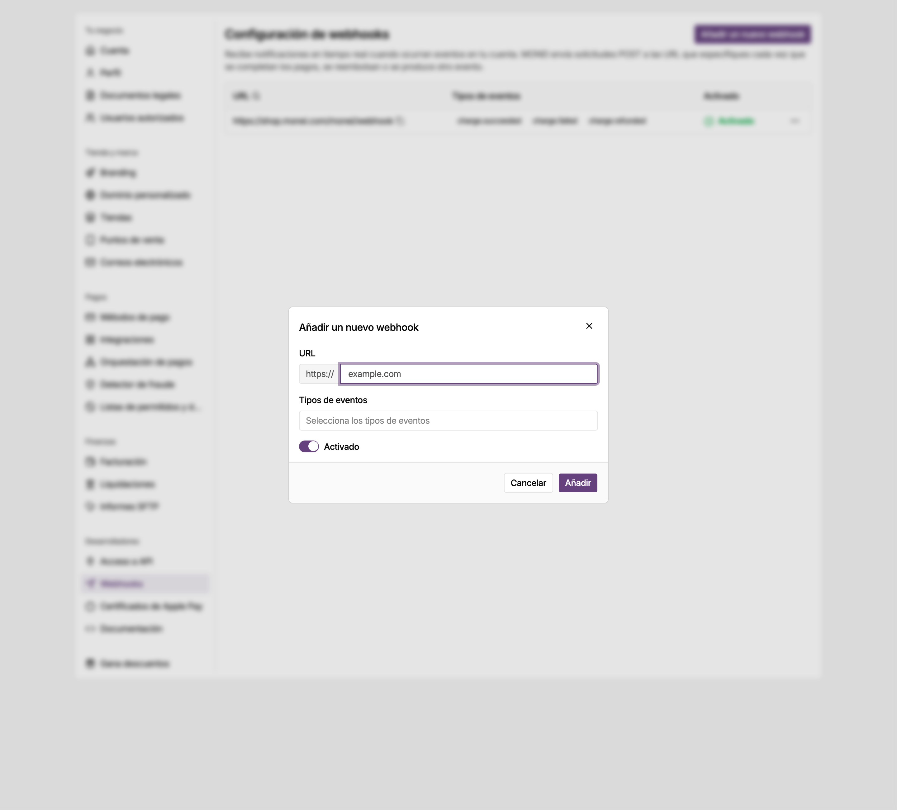 Diálogo Añadir un nuevo webhook en los ajustes del panel de MONEI, con la URL del endpoint y los eventos que se envían