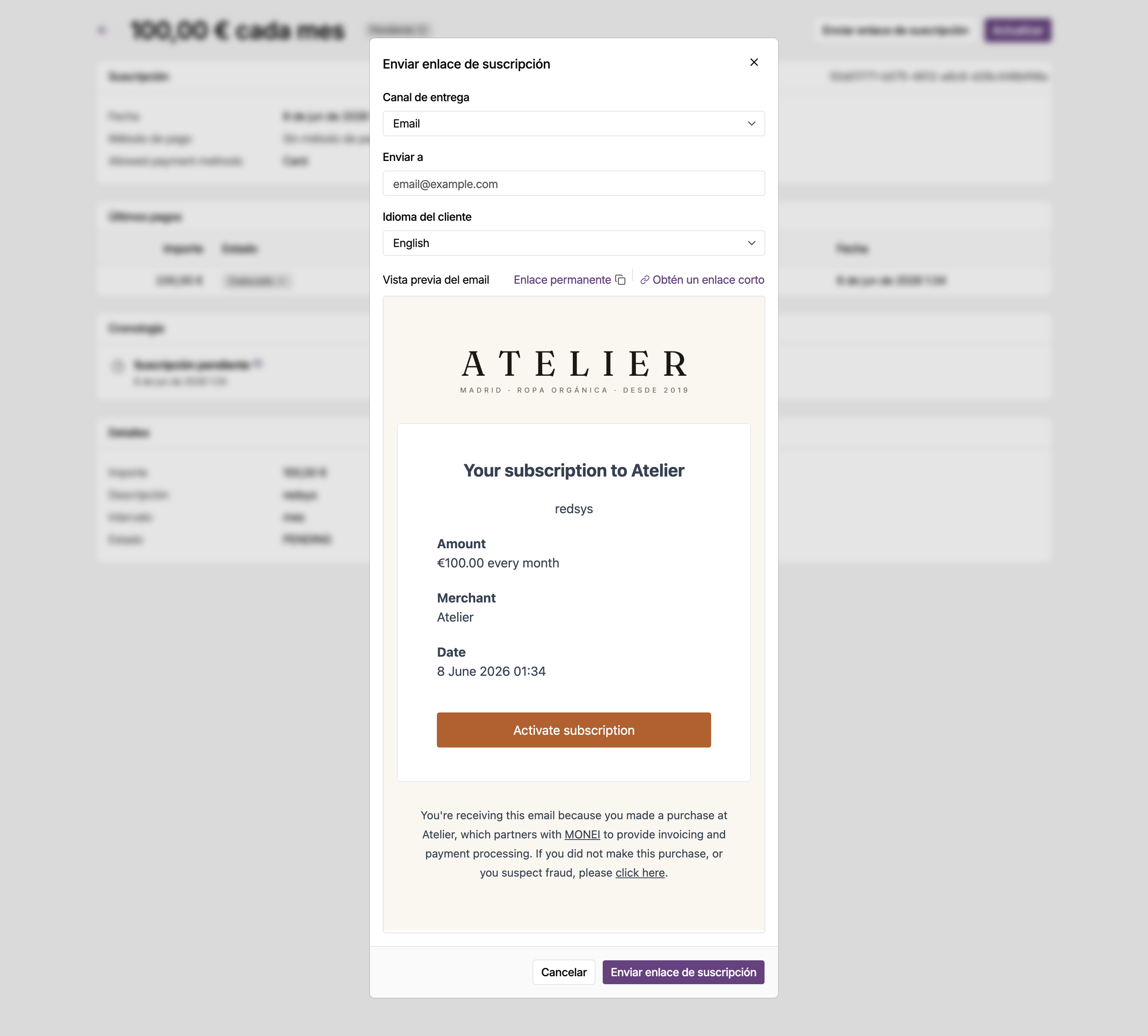 Diálogo Enviar enlace de suscripción en el panel de MONEI, con el canal de envío, la dirección de destino, el idioma del cliente y una vista previa del correo