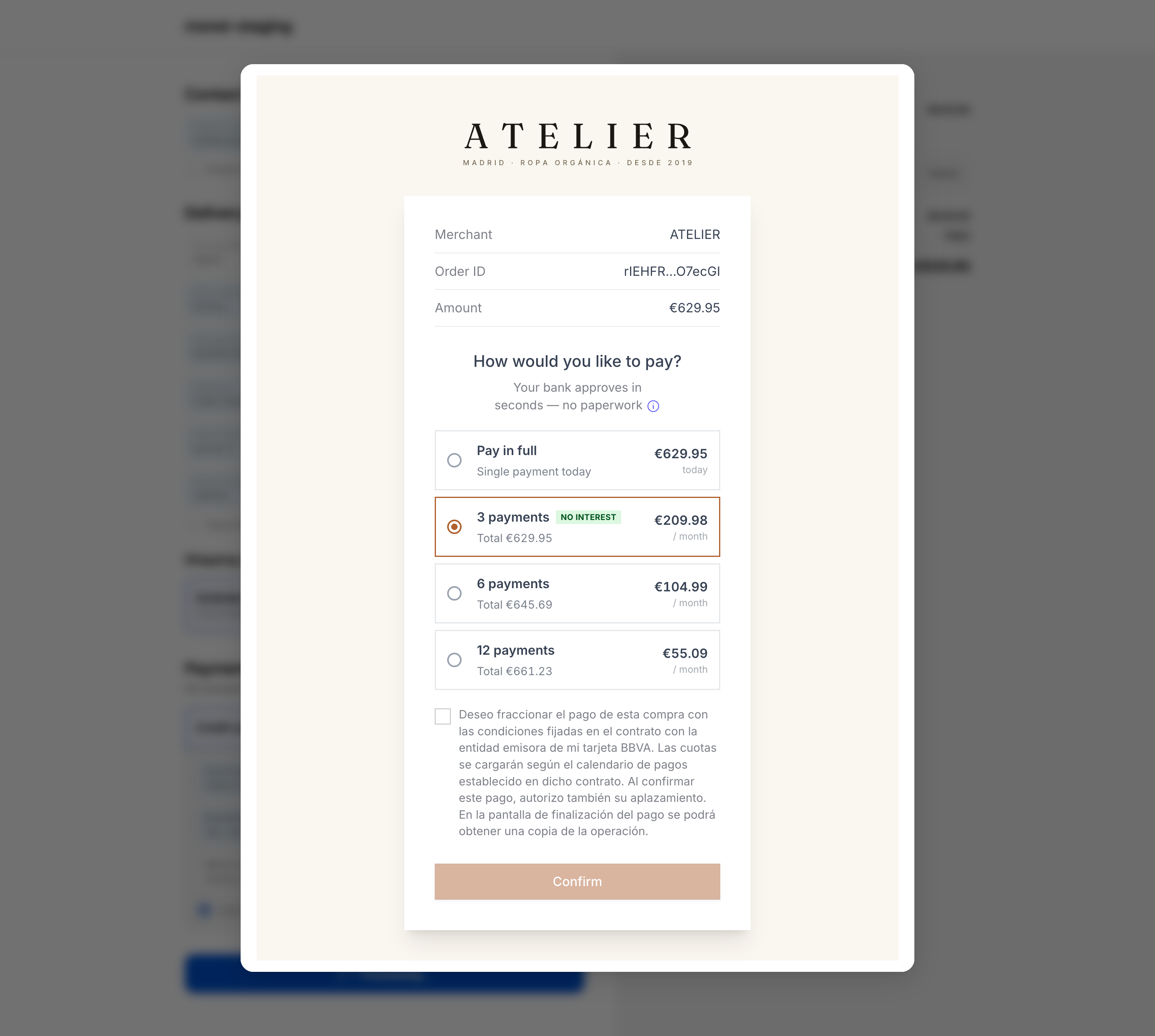 MONEI Flex installment options shown during a MONEI Onsite payment in the Shopify checkout